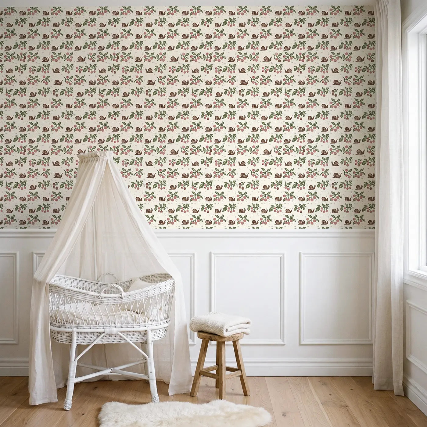 Berry Branches Block Print wallpaper above wainscoting - Whimsy Tots