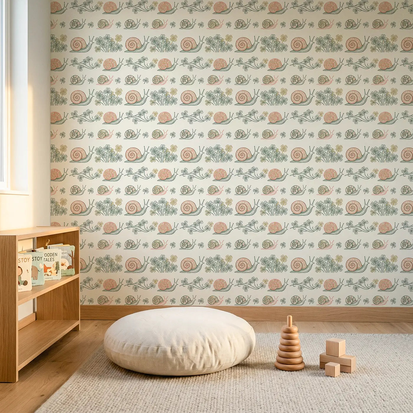 Woodland Snails Hand-Drawn wallpaper in Scandinavian nursery - Whimsy Tots
