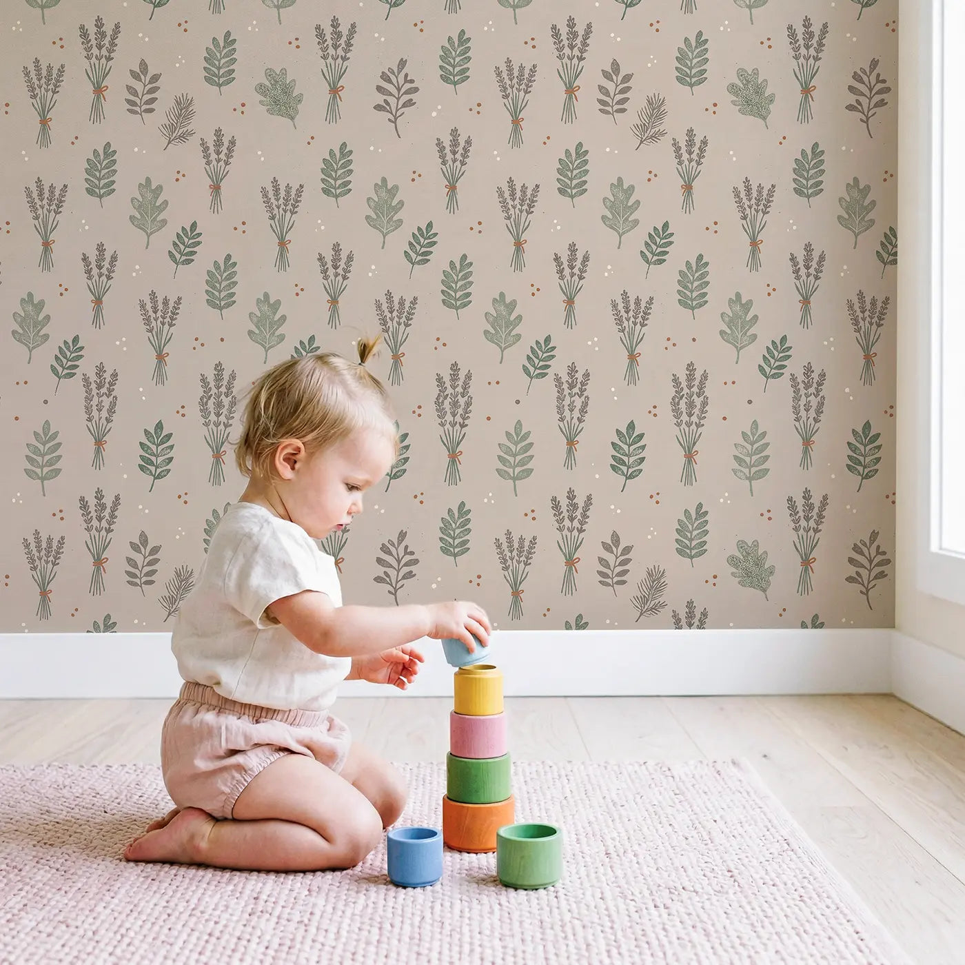 Hand-Tied Lavender Block Print wallpaper in styled kids room - Whimsy Tots