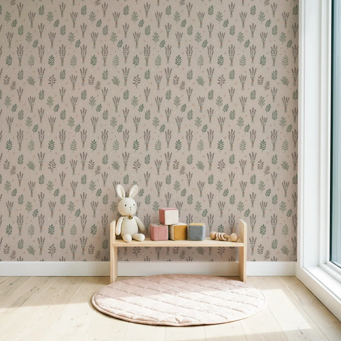 Hand-Tied Lavender Block Print wallpaper in Scandinavian nursery - Whimsy Tots