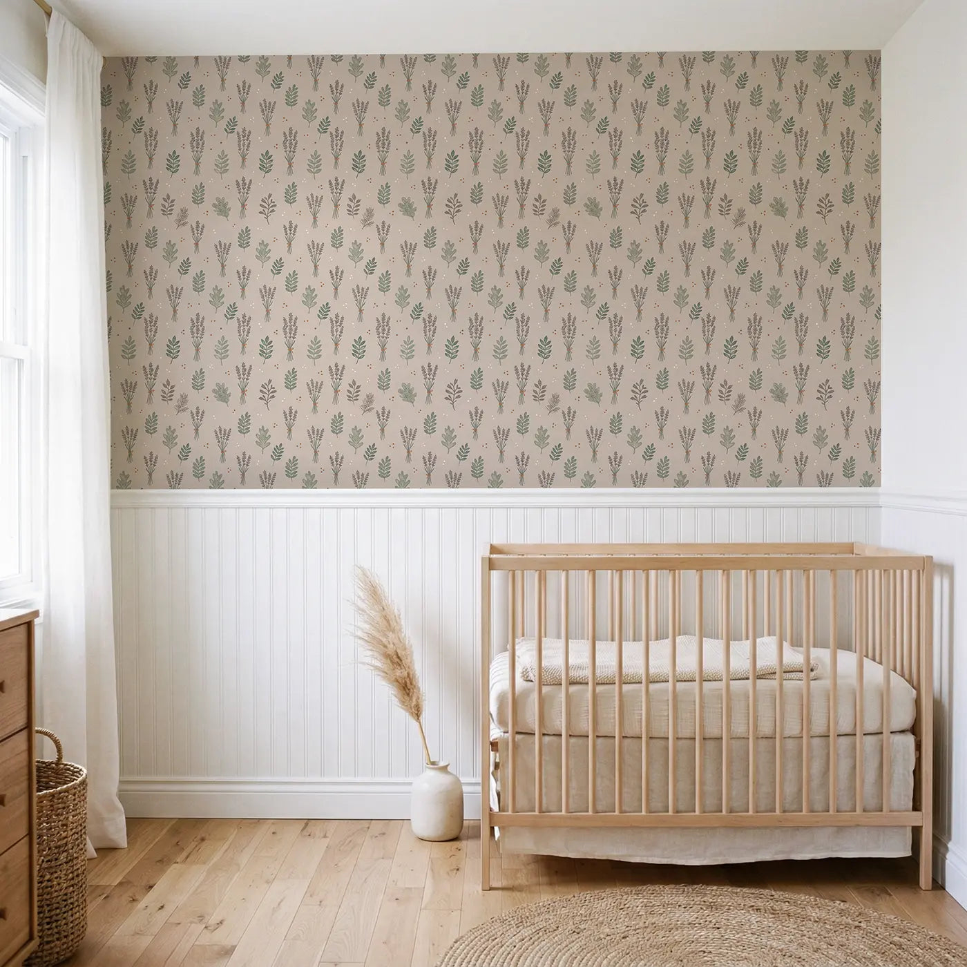 Hand-Tied Lavender Block Print wallpaper above wainscoting - Whimsy Tots