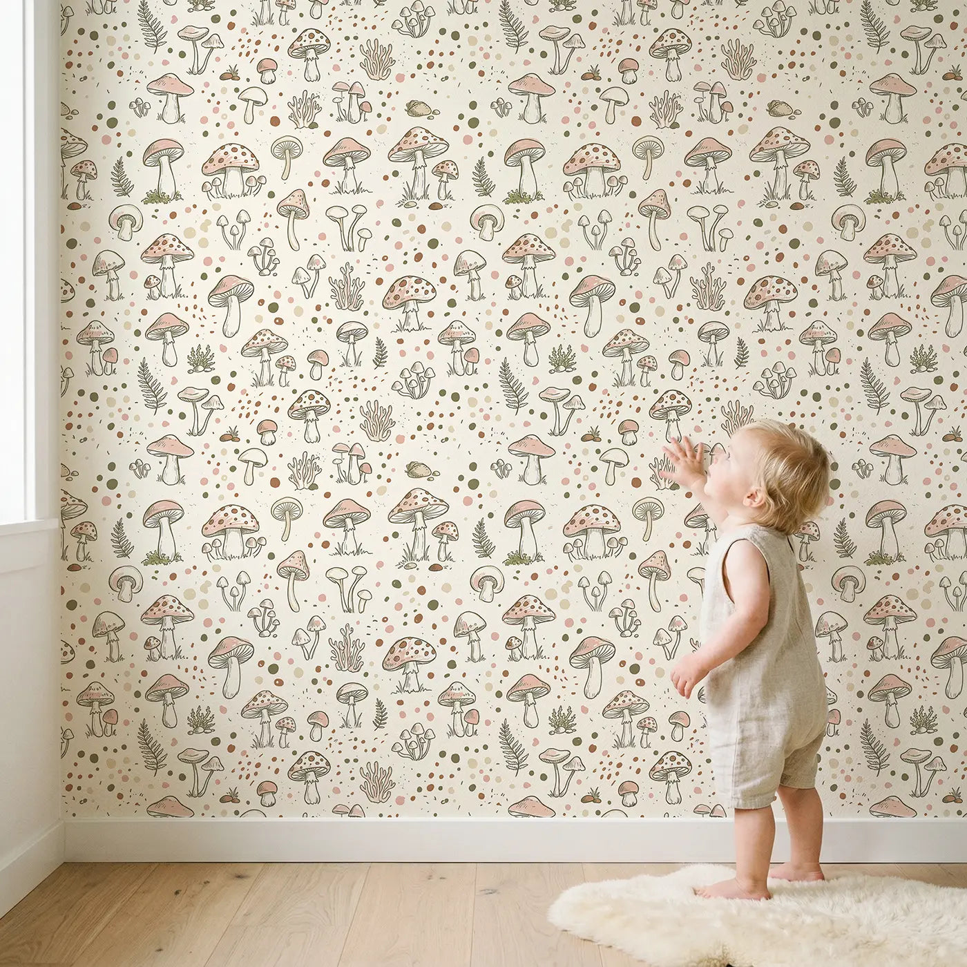 Miniature Mushroom Hand-Drawn wallpaper in styled kids room - Whimsy Tots