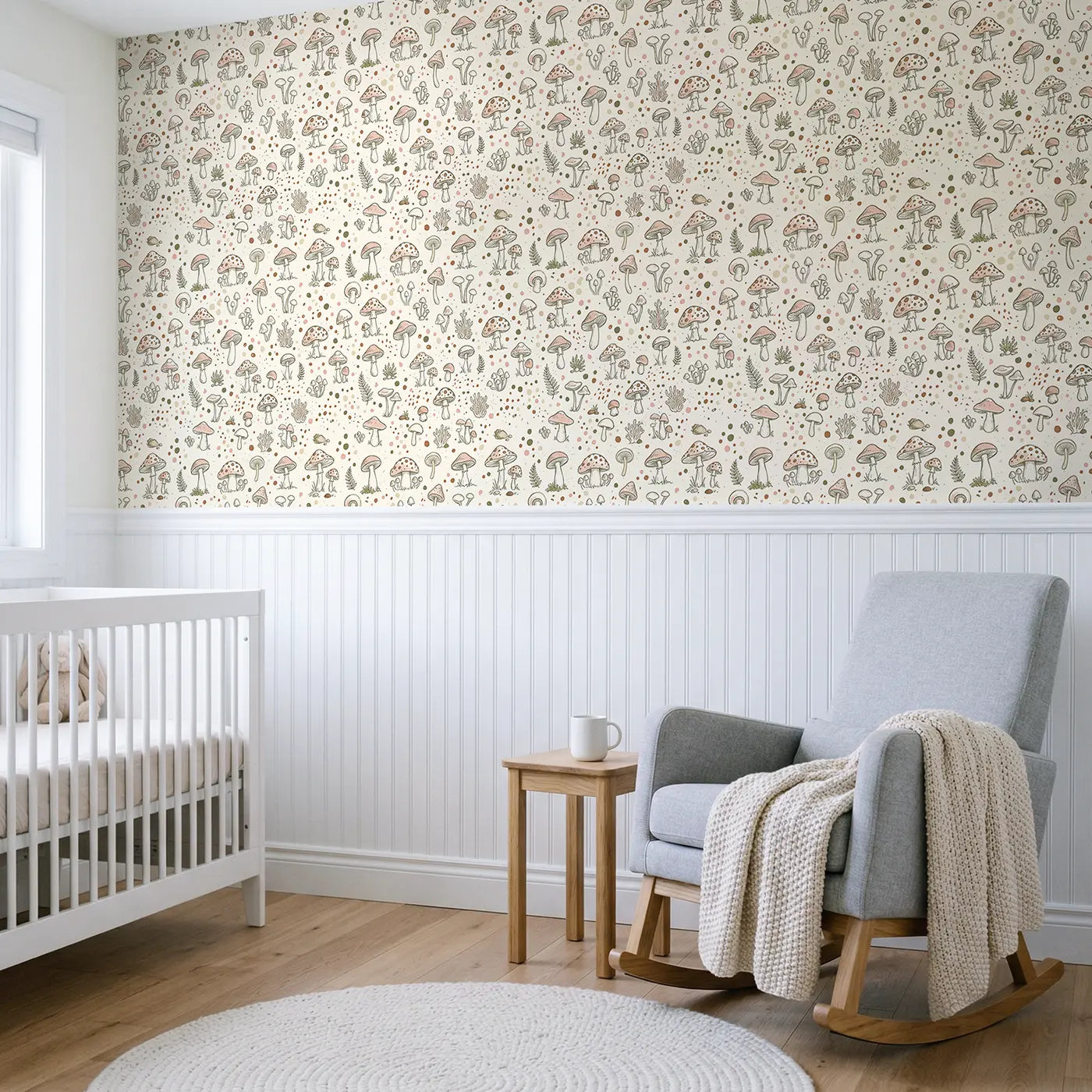 Miniature Mushroom Hand-Drawn wallpaper above wainscoting - Whimsy Tots