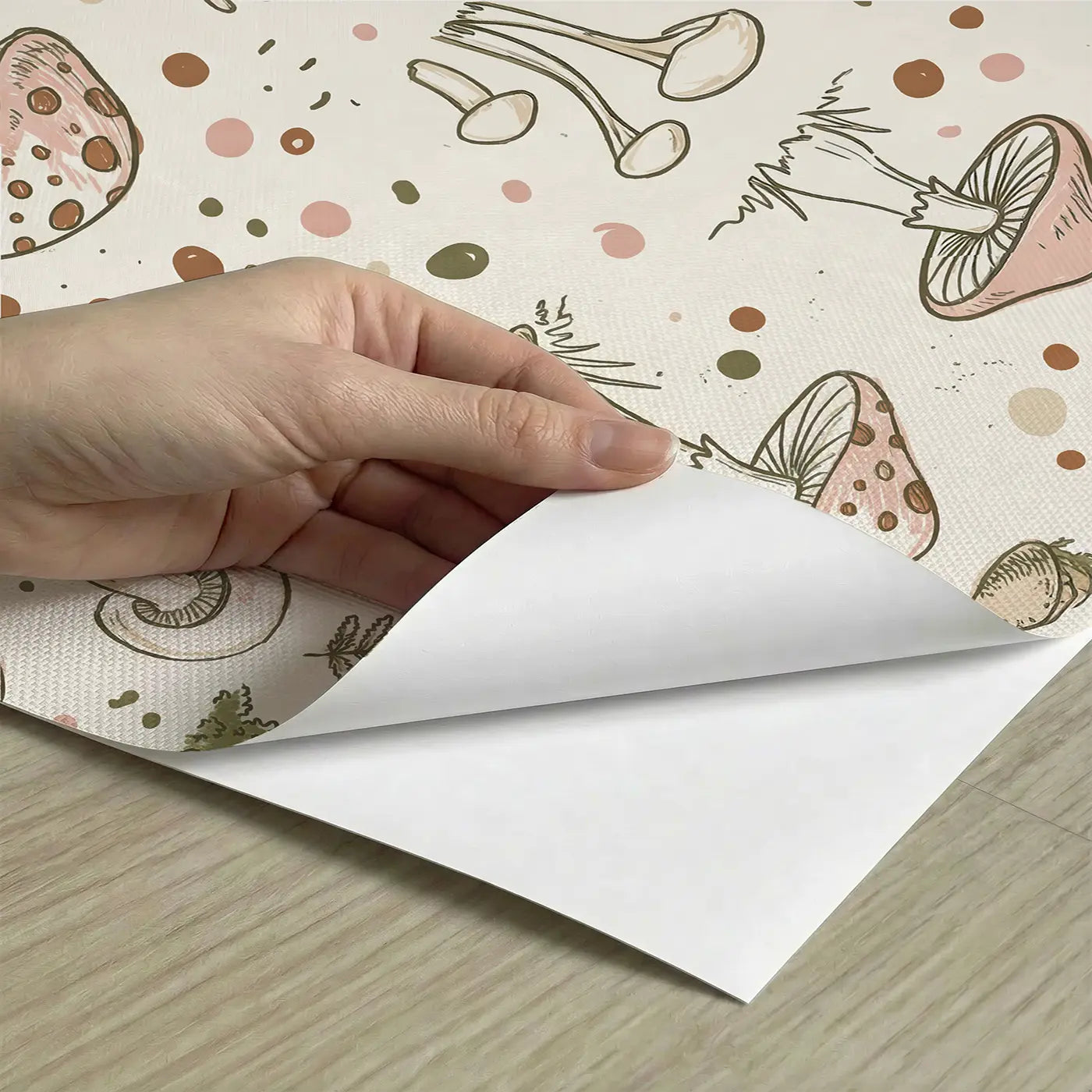 Miniature Mushroom Hand-Drawn peel and stick material close-up - Whimsy Tots
