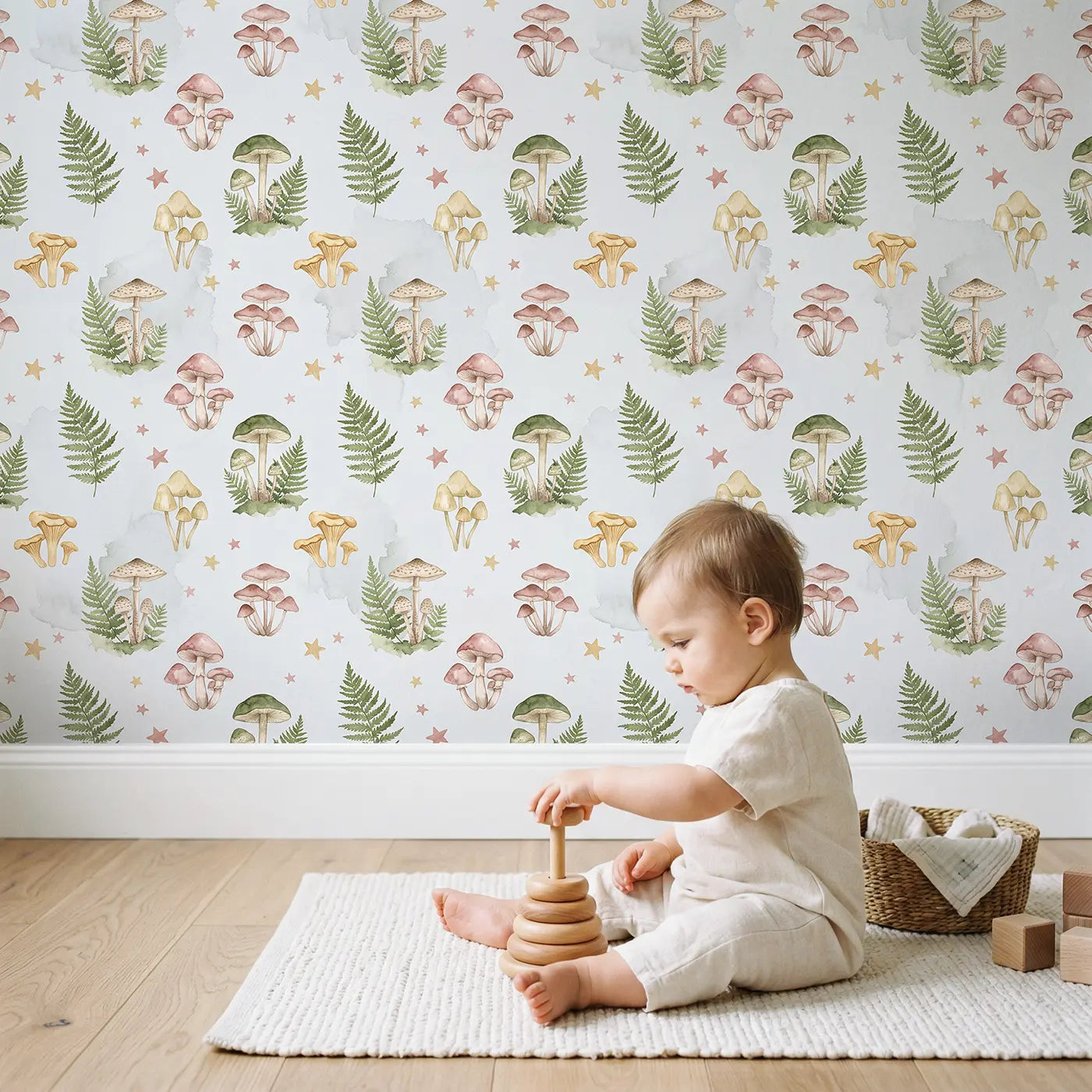 Mushroom Fern Watercolor wallpaper in styled kids room - Whimsy Tots