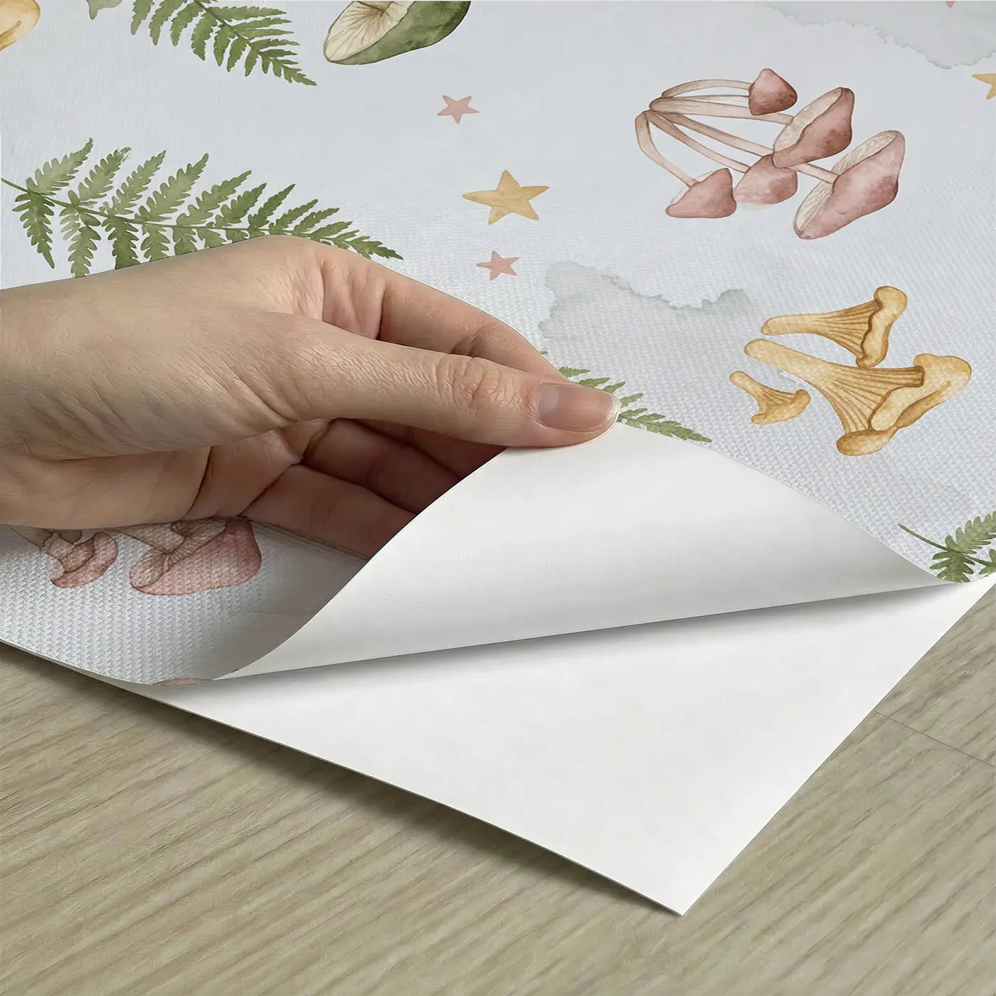 Mushroom Fern Watercolor peel and stick material close-up - Whimsy Tots