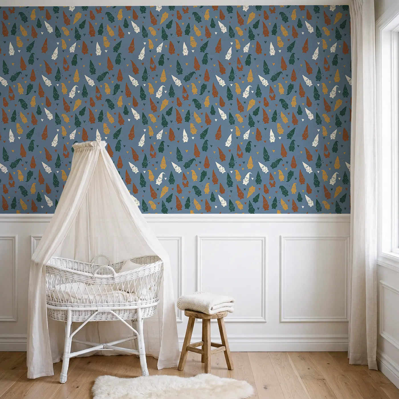 Garden Gnome Block Print wallpaper above wainscoting - Whimsy Tots