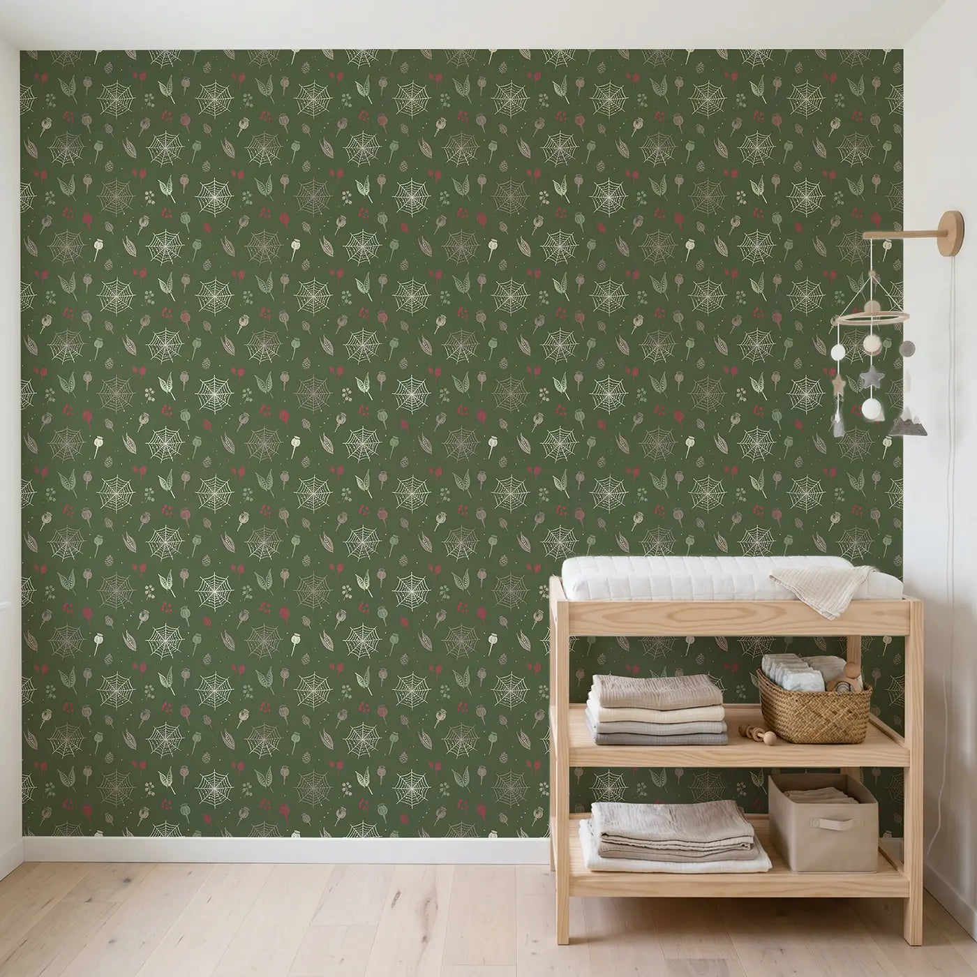 Dew-Dropped Spider Block Print wallpaper in Scandinavian nursery - Whimsy Tots