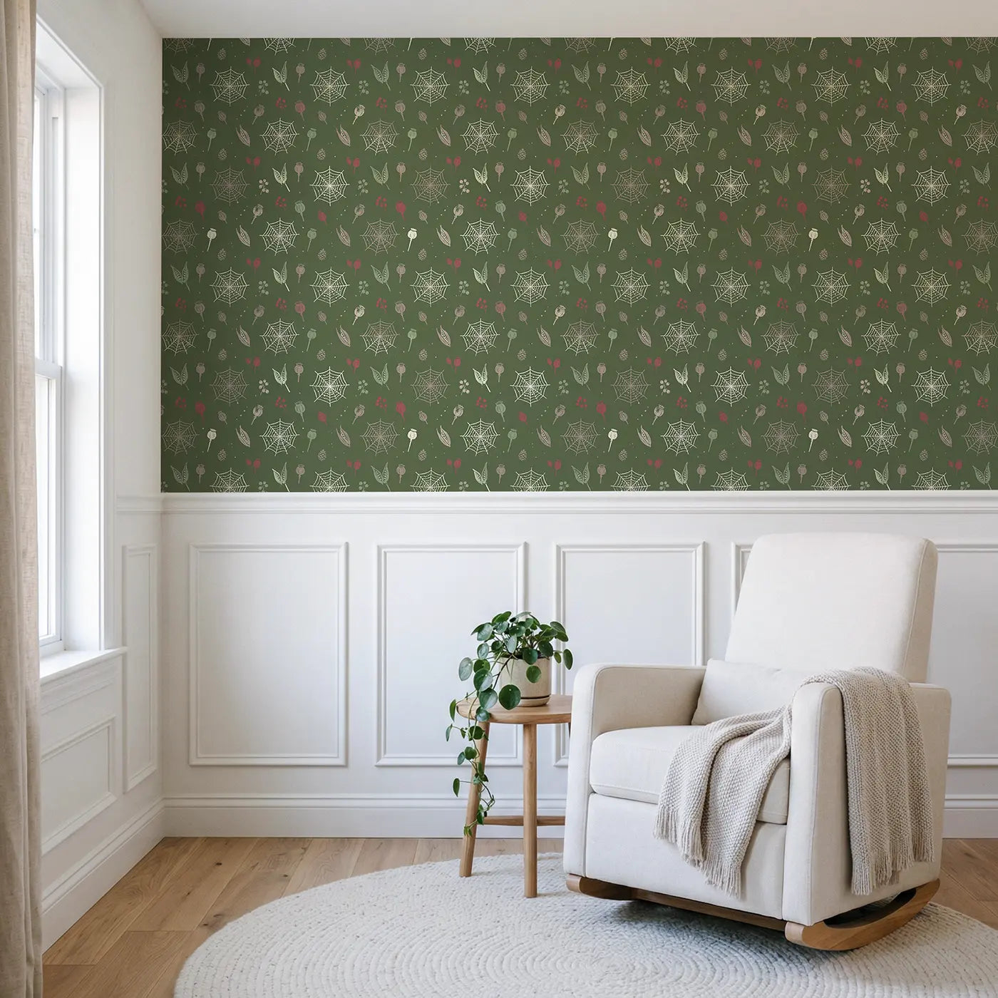 Dew-Dropped Spider Block Print wallpaper above wainscoting - Whimsy Tots