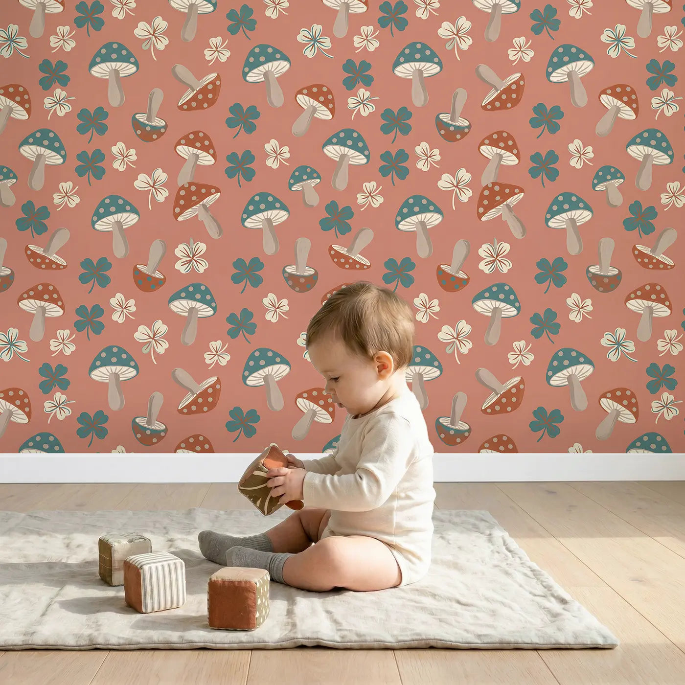 Polka-Dot Toadstools Modern Illustration wallpaper in styled kids room - Whimsy Tots