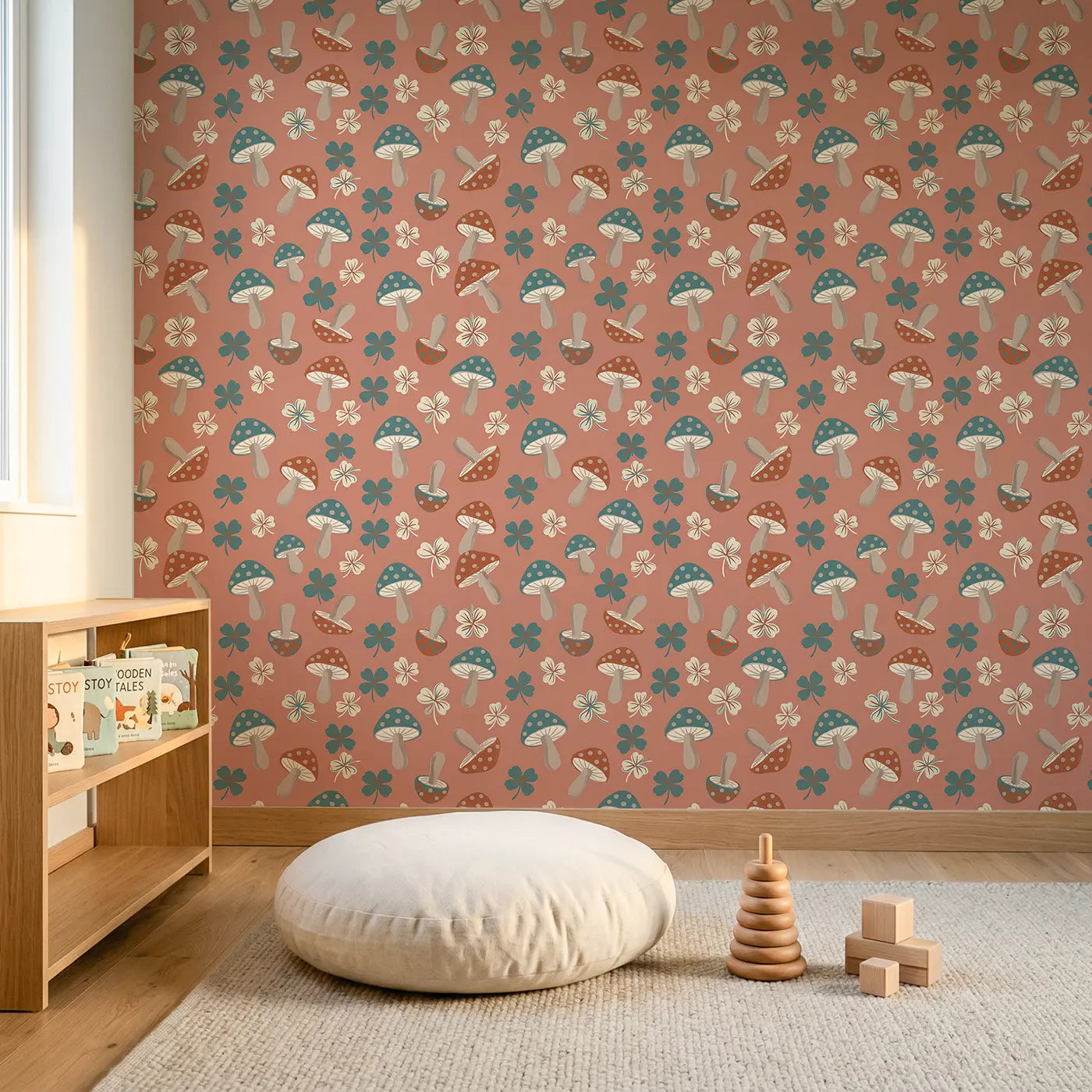 Polka-Dot Toadstools Modern Illustration wallpaper in Scandinavian nursery - Whimsy Tots