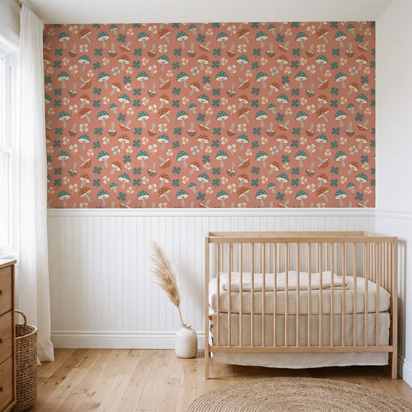 Polka-Dot Toadstools Modern Illustration wallpaper above wainscoting - Whimsy Tots
