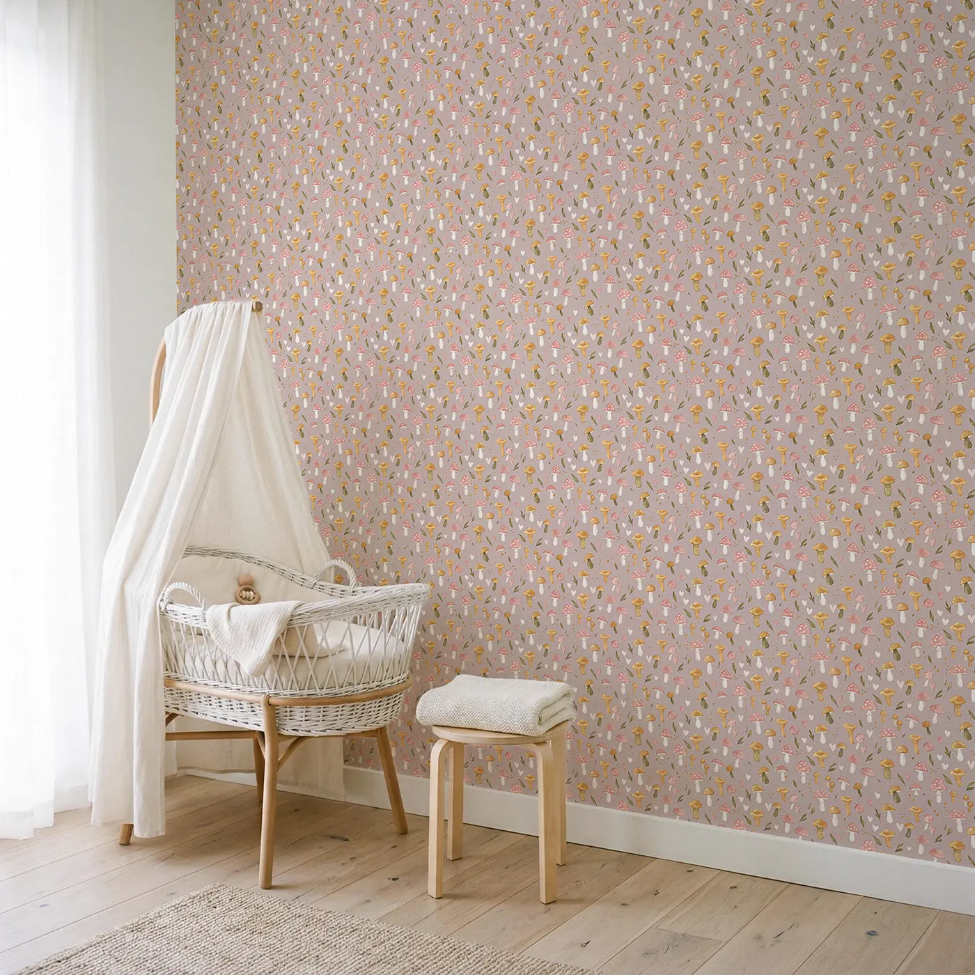 Forest Floor Mushroom Ditsy Floral wallpaper in Scandinavian nursery - Whimsy Tots