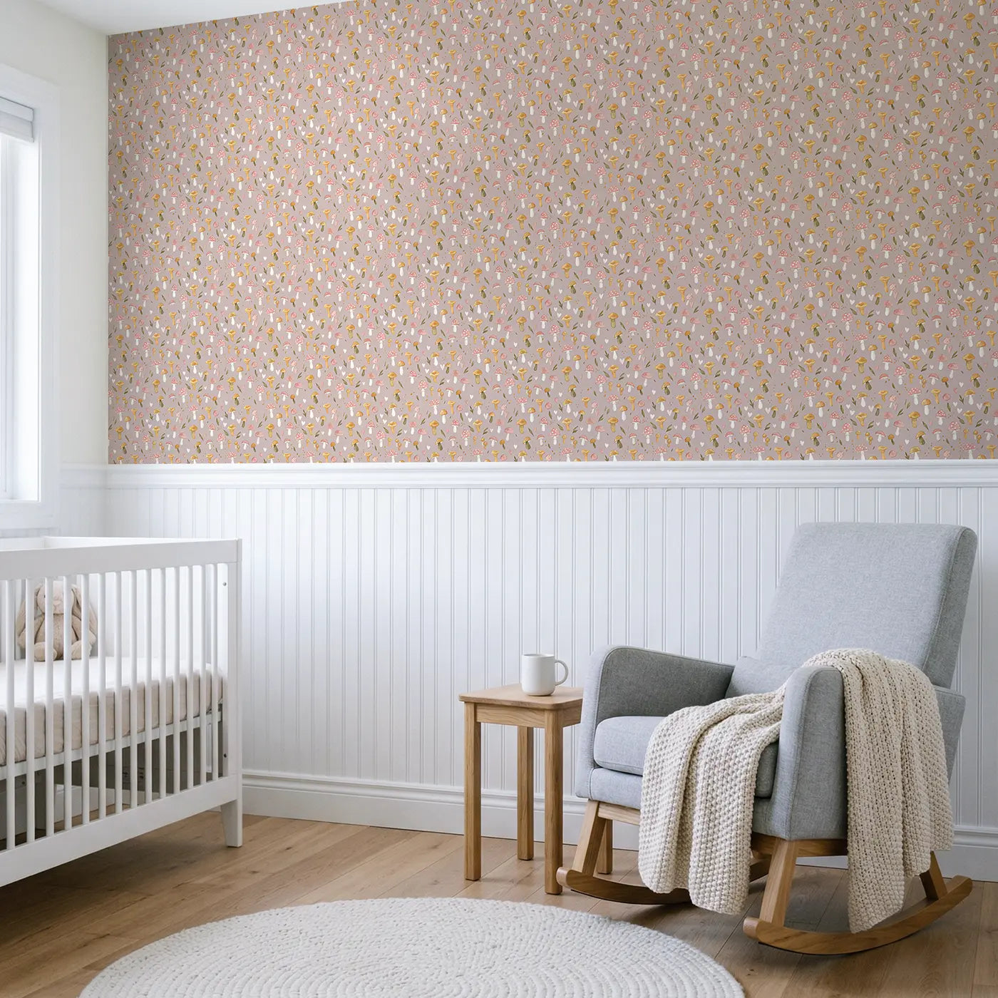 Forest Floor Mushroom Ditsy Floral wallpaper above wainscoting - Whimsy Tots