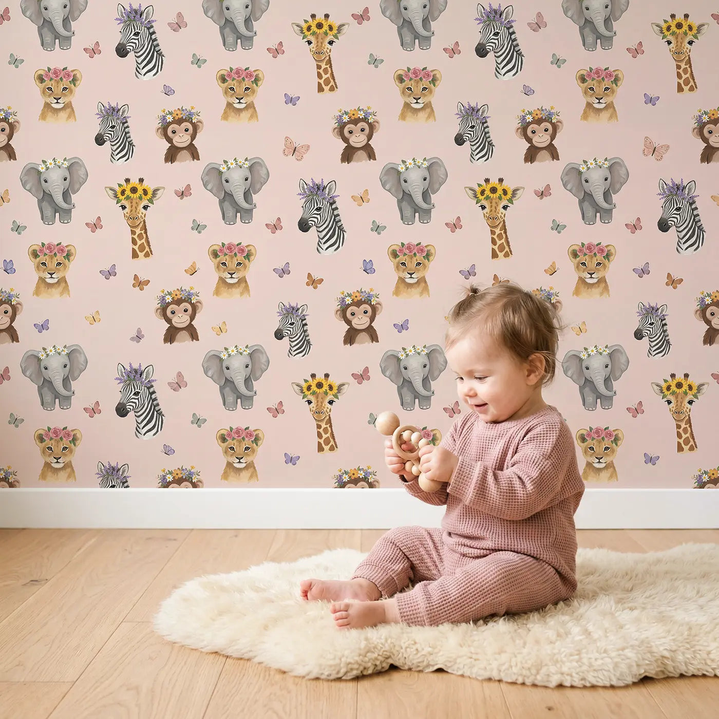 Baby Safari Animals Modern Illustration wallpaper in styled kids room - Whimsy Tots