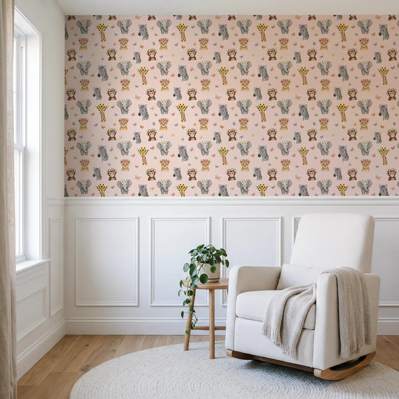 Baby Safari Animals Modern Illustration wallpaper above wainscoting - Whimsy Tots