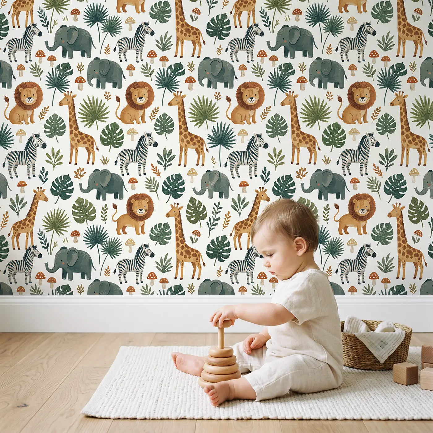 Safari Animals Tropical Modern Illustration wallpaper in styled kids room - Whimsy Tots