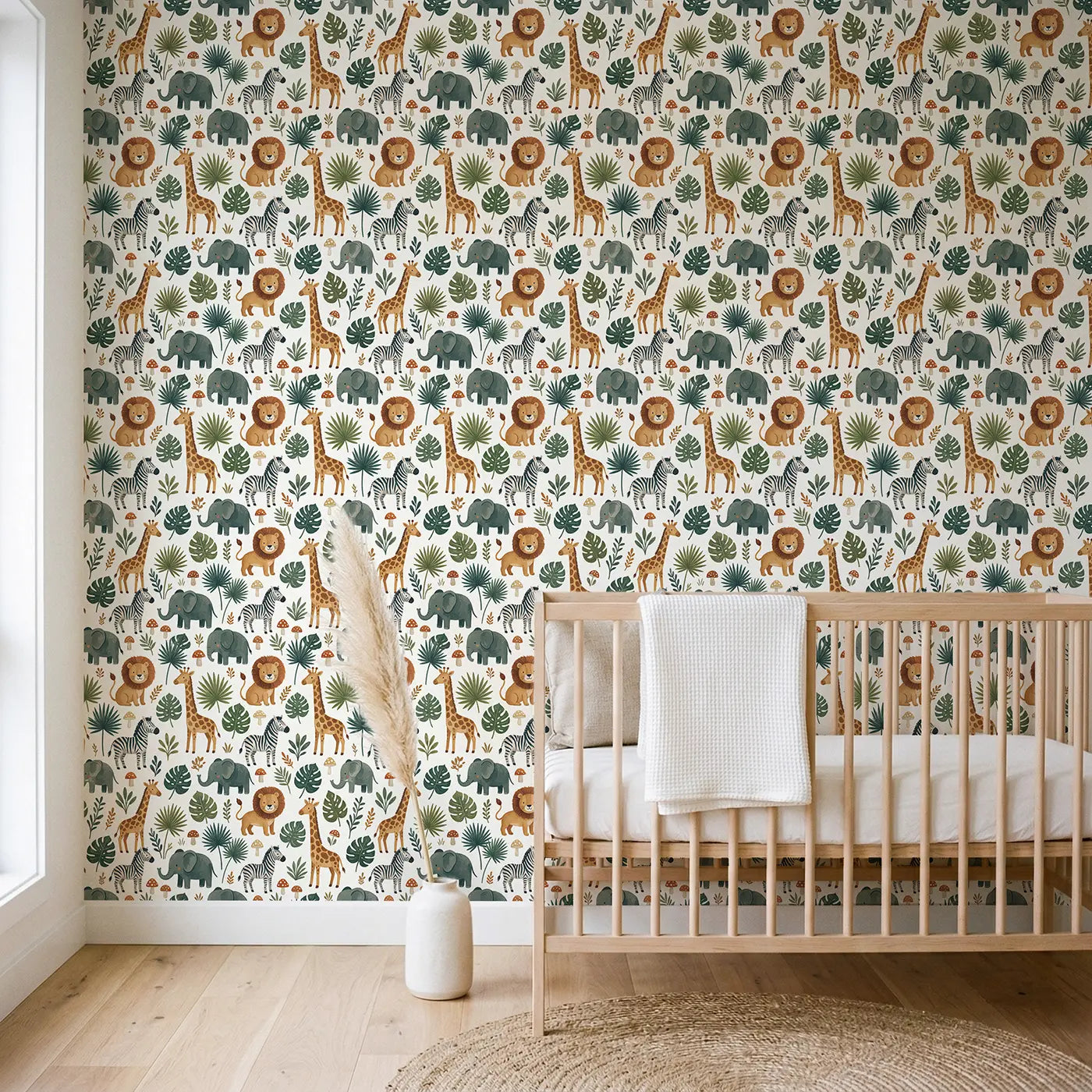 Safari Animals Tropical Modern Illustration wallpaper in Scandinavian nursery - Whimsy Tots