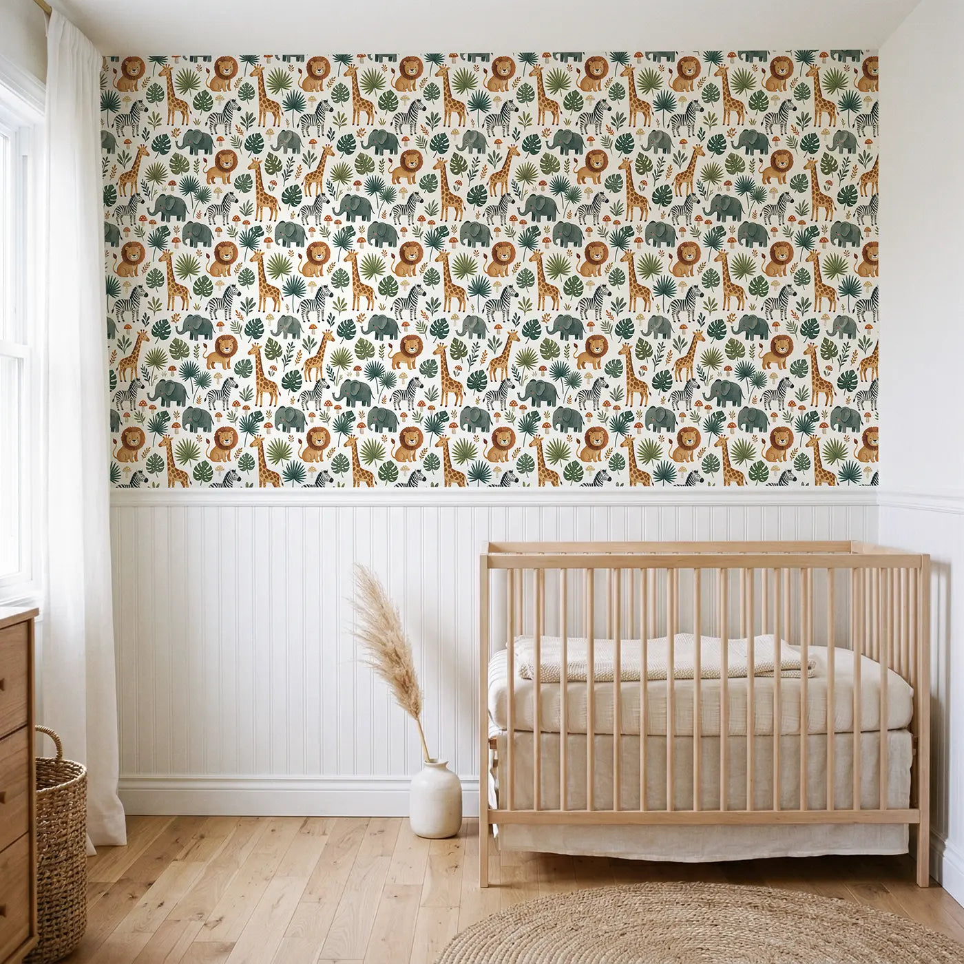 Safari Animals Tropical Modern Illustration wallpaper above wainscoting - Whimsy Tots