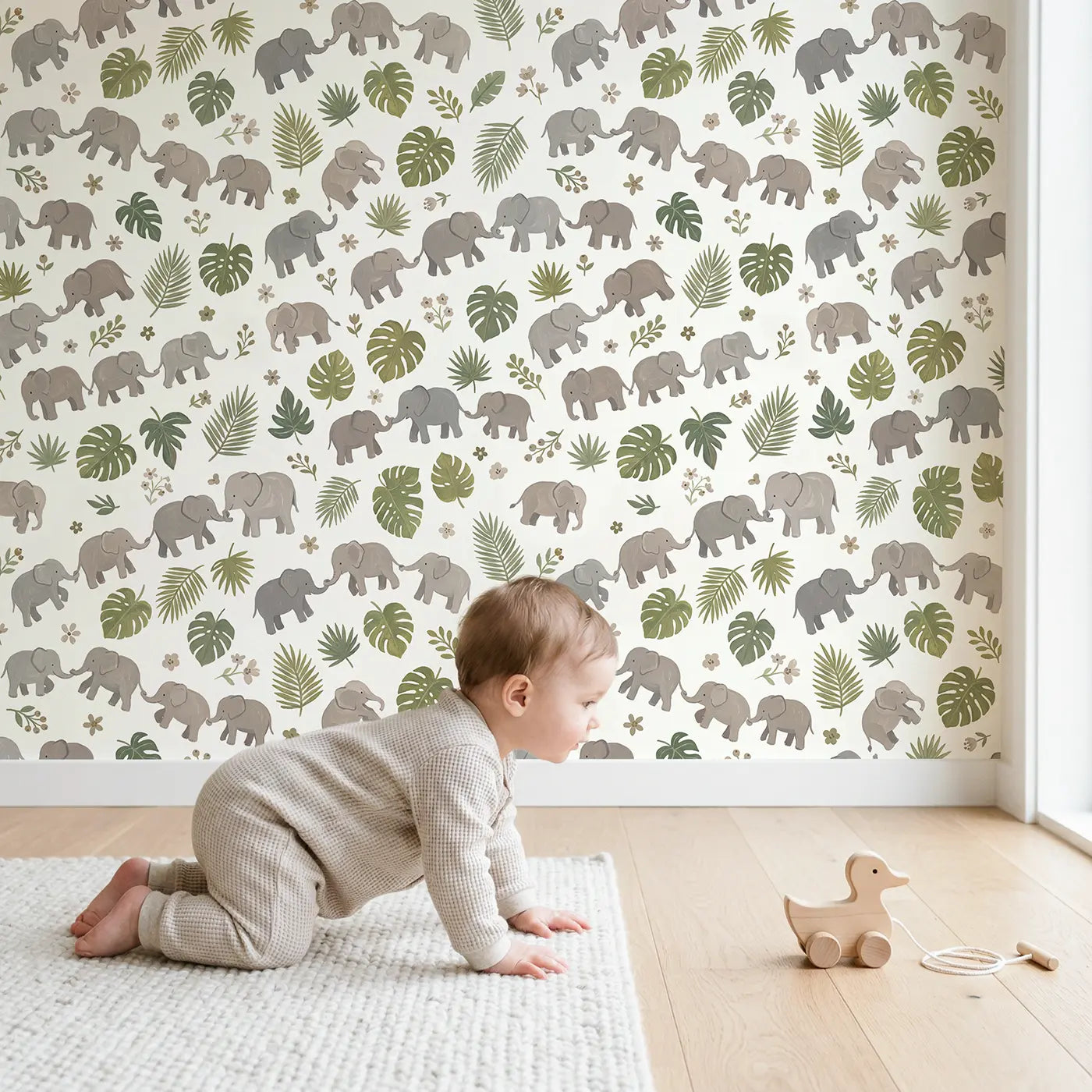 Baby Elephants Varied Modern Illustration wallpaper in styled kids room - Whimsy Tots