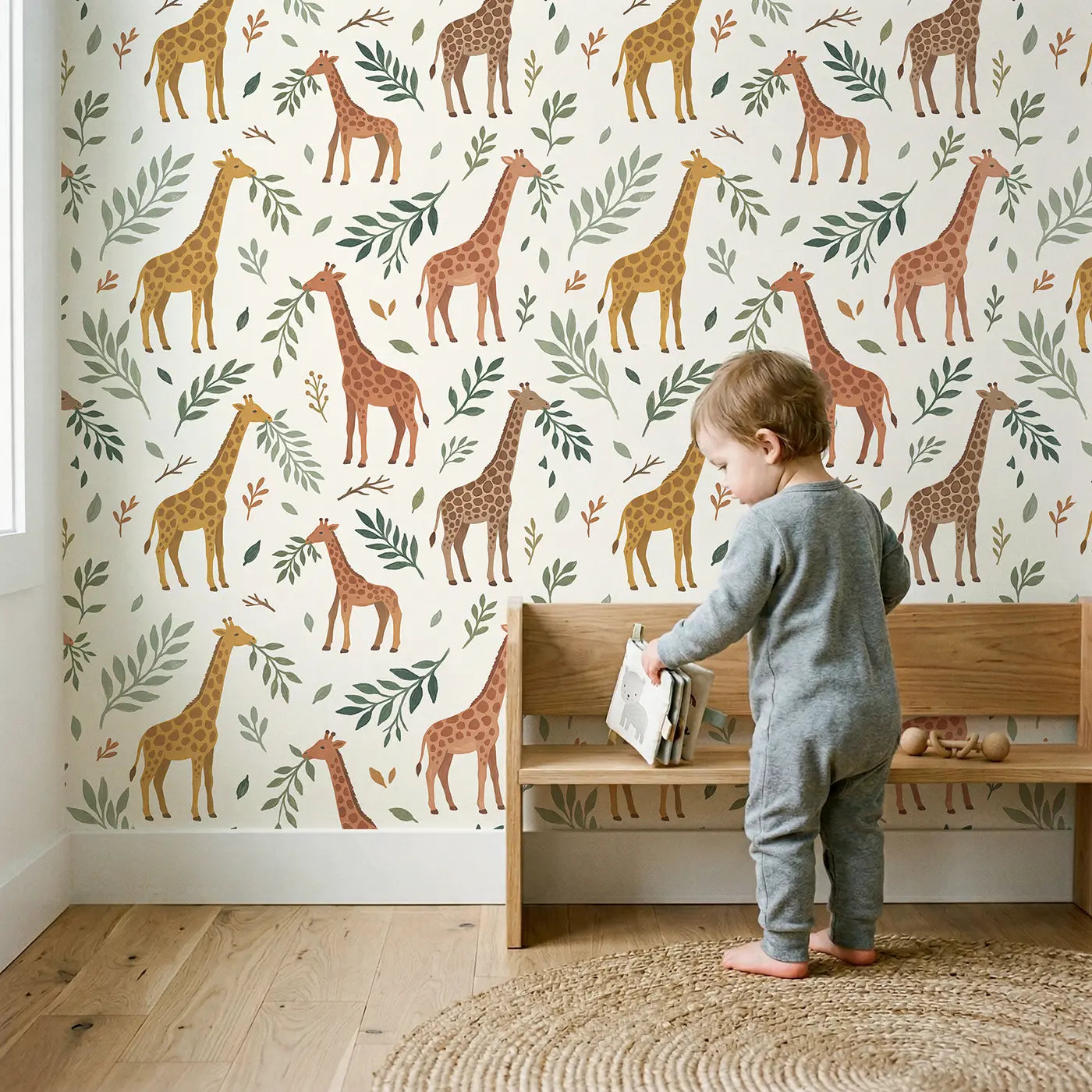 Giraffes Long Modern Illustration wallpaper in styled kids room - Whimsy Tots