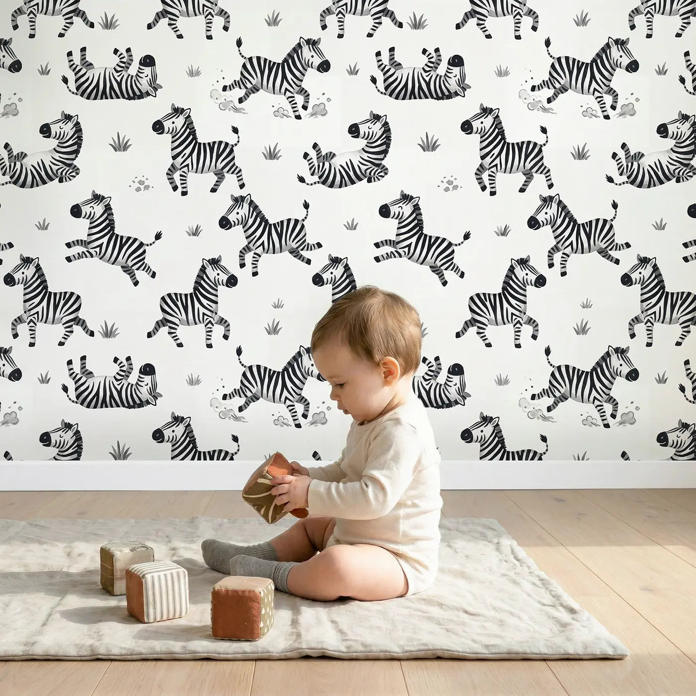 Zebras Playful Modern Illustration wallpaper in styled kids room - Whimsy Tots