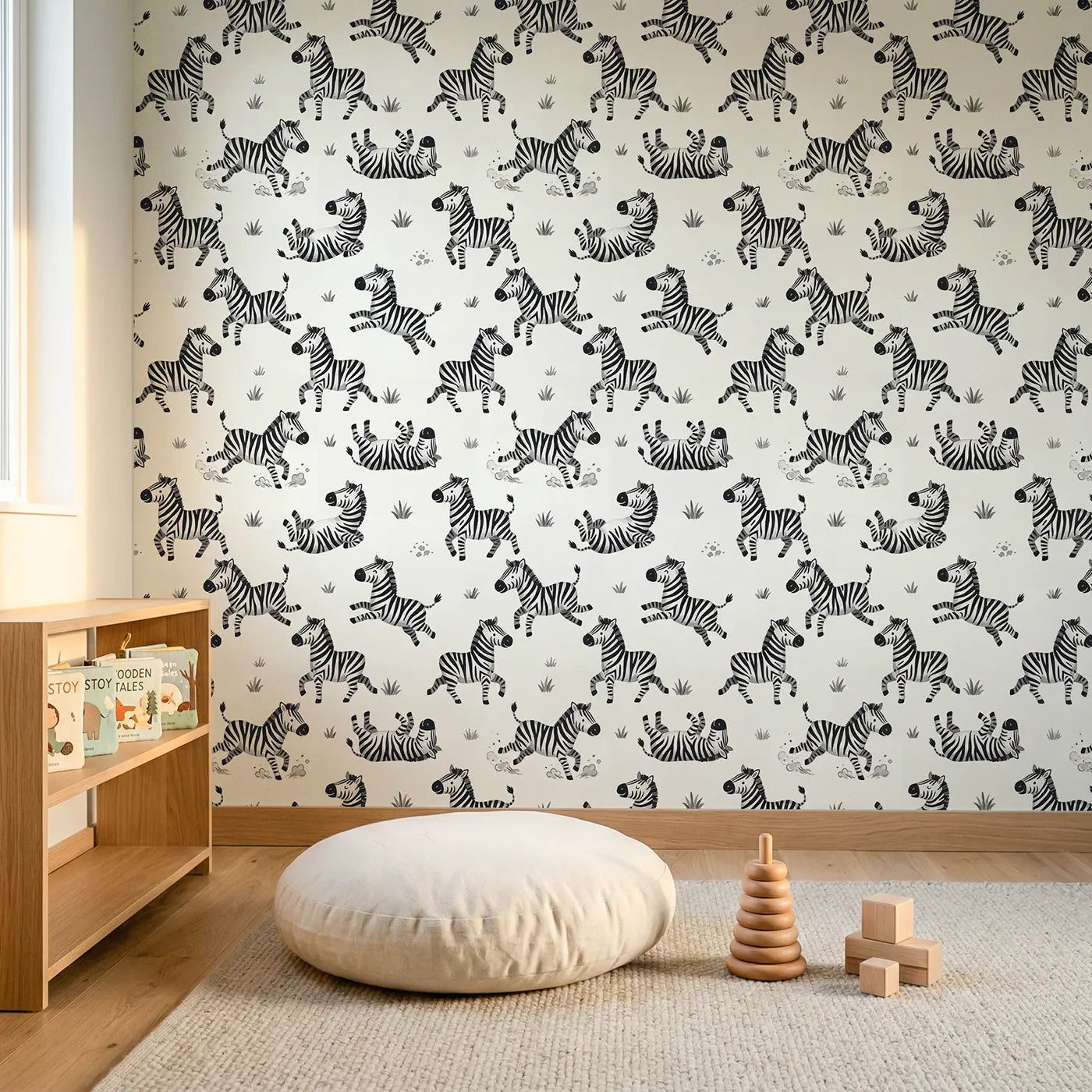 Zebras Playful Modern Illustration wallpaper in Scandinavian nursery - Whimsy Tots