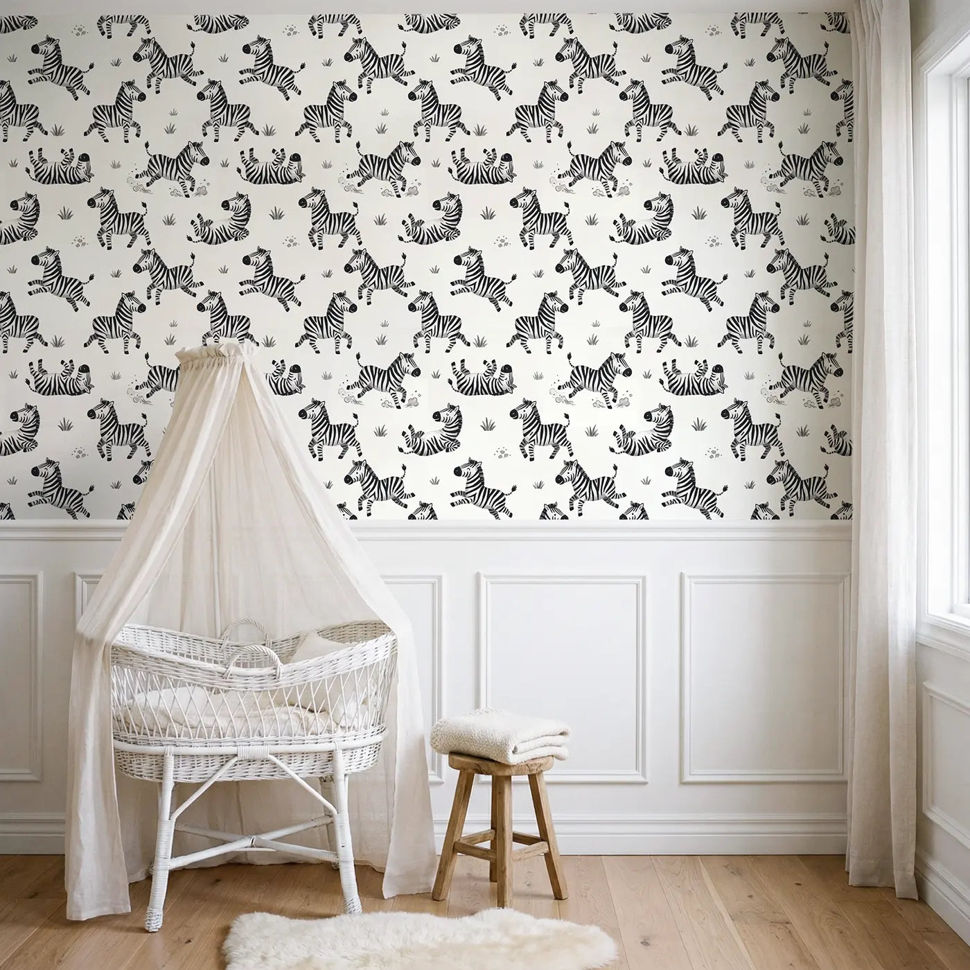 Zebras Playful Modern Illustration wallpaper above wainscoting - Whimsy Tots