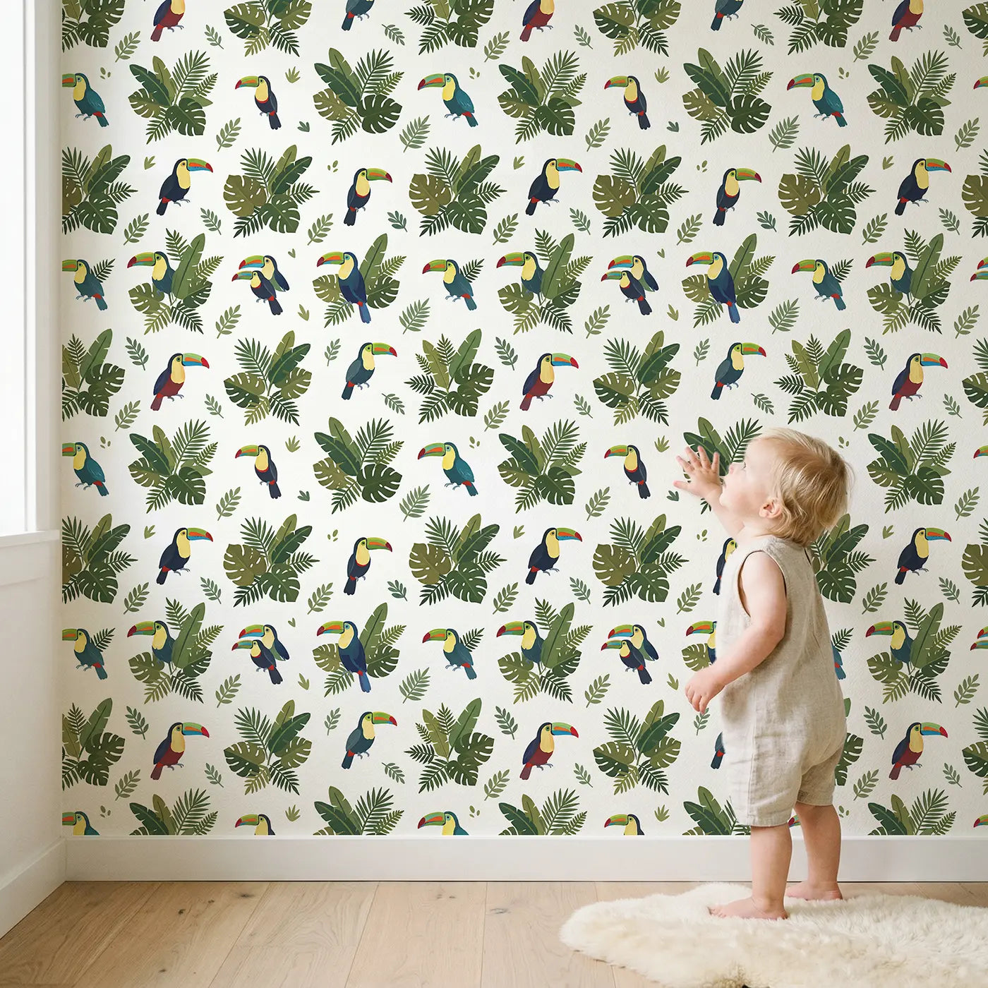 Toucans Bright Modern Illustration wallpaper in styled kids room - Whimsy Tots