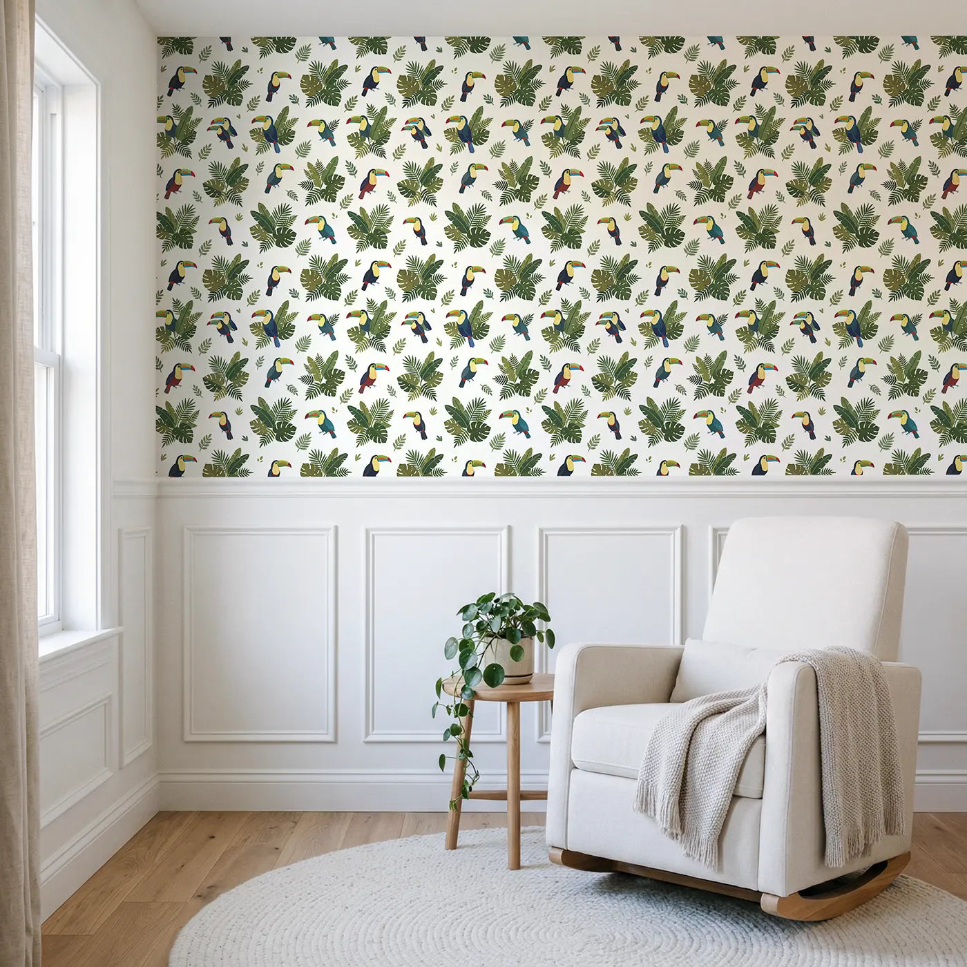 Toucans Bright Modern Illustration wallpaper above wainscoting - Whimsy Tots