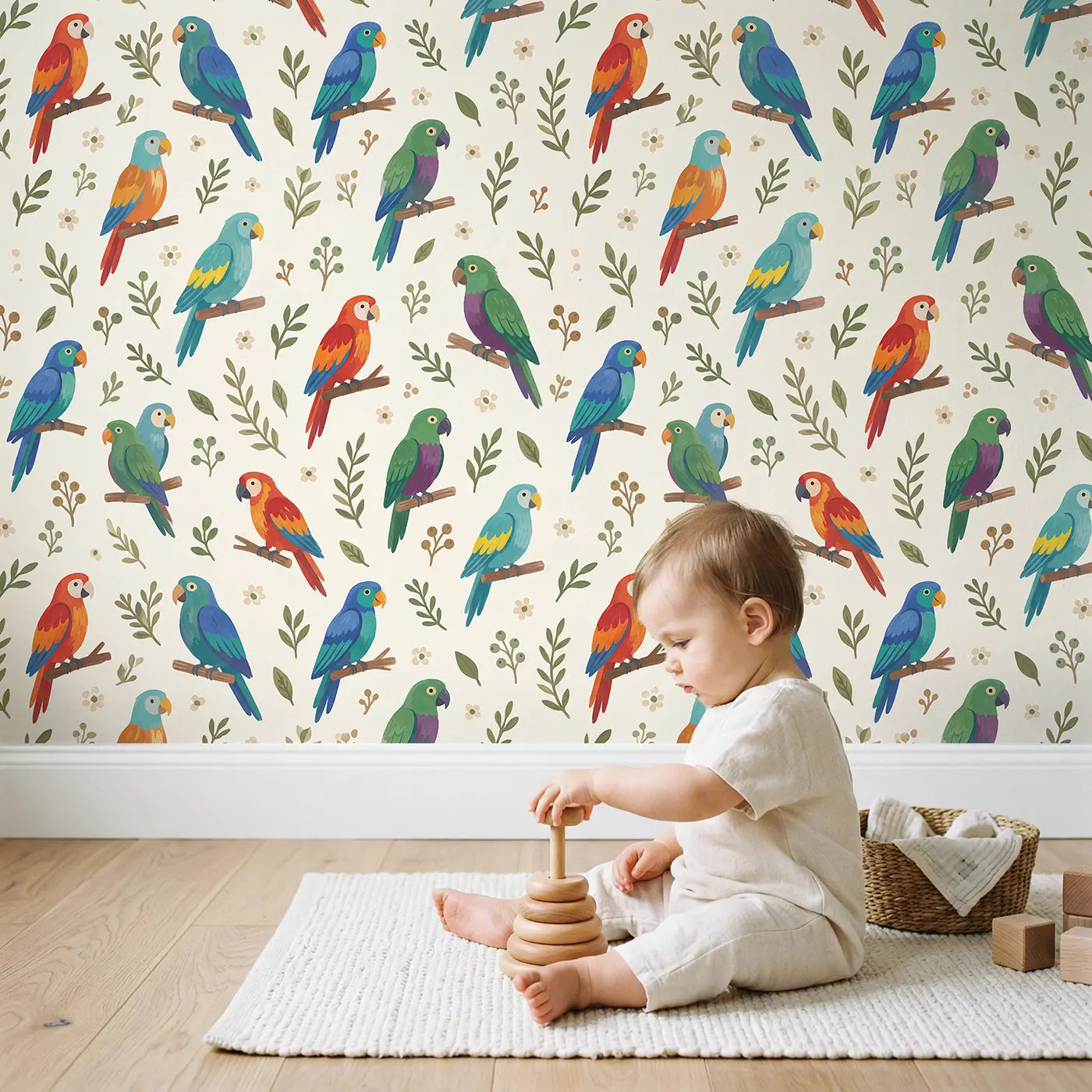 Parrots Varied Modern Illustration wallpaper in styled kids room - Whimsy Tots