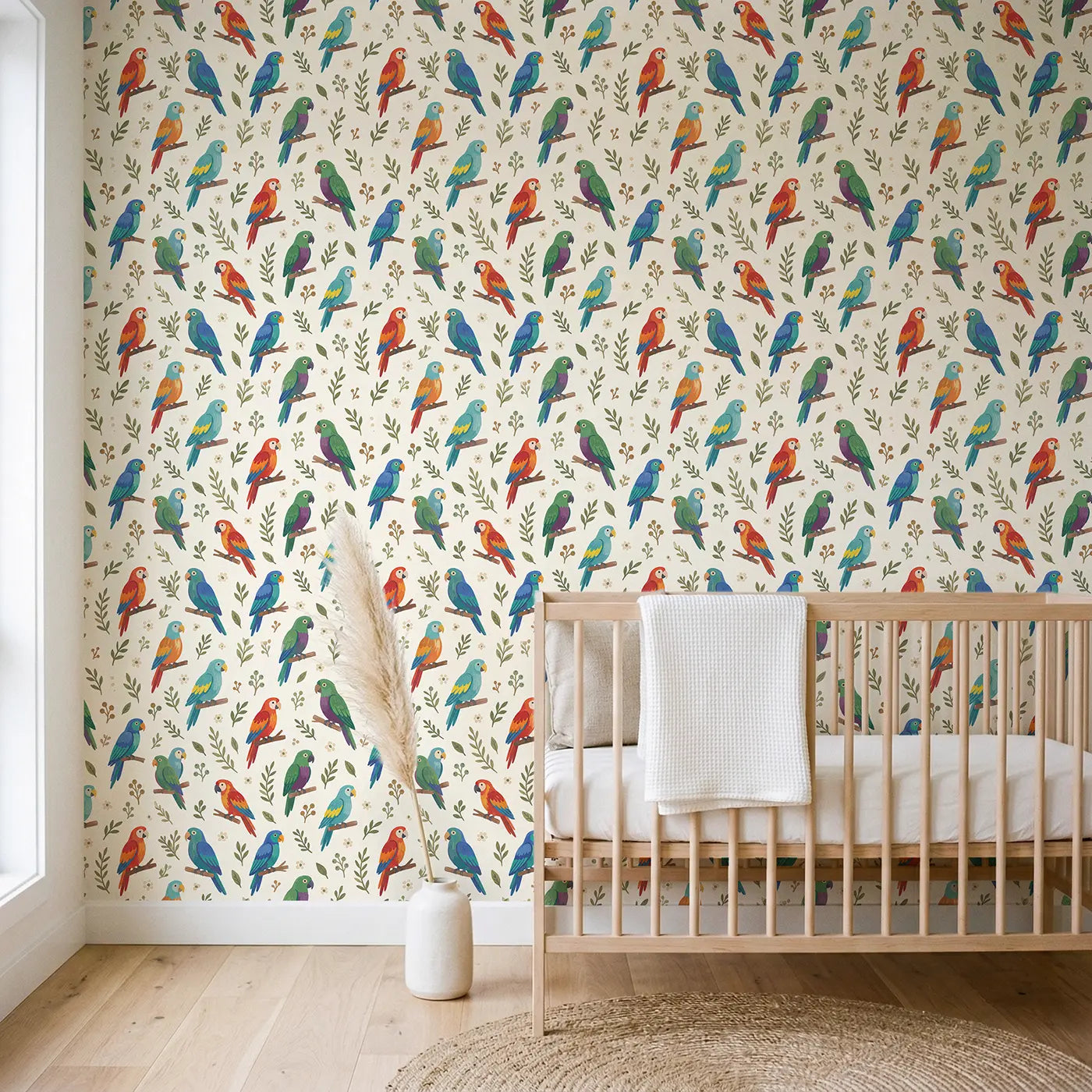 Parrots Varied Modern Illustration wallpaper in Scandinavian nursery - Whimsy Tots