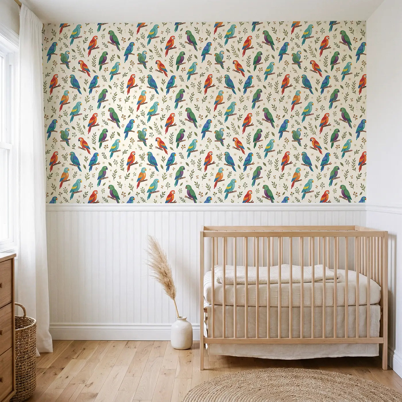 Parrots Varied Modern Illustration wallpaper above wainscoting - Whimsy Tots