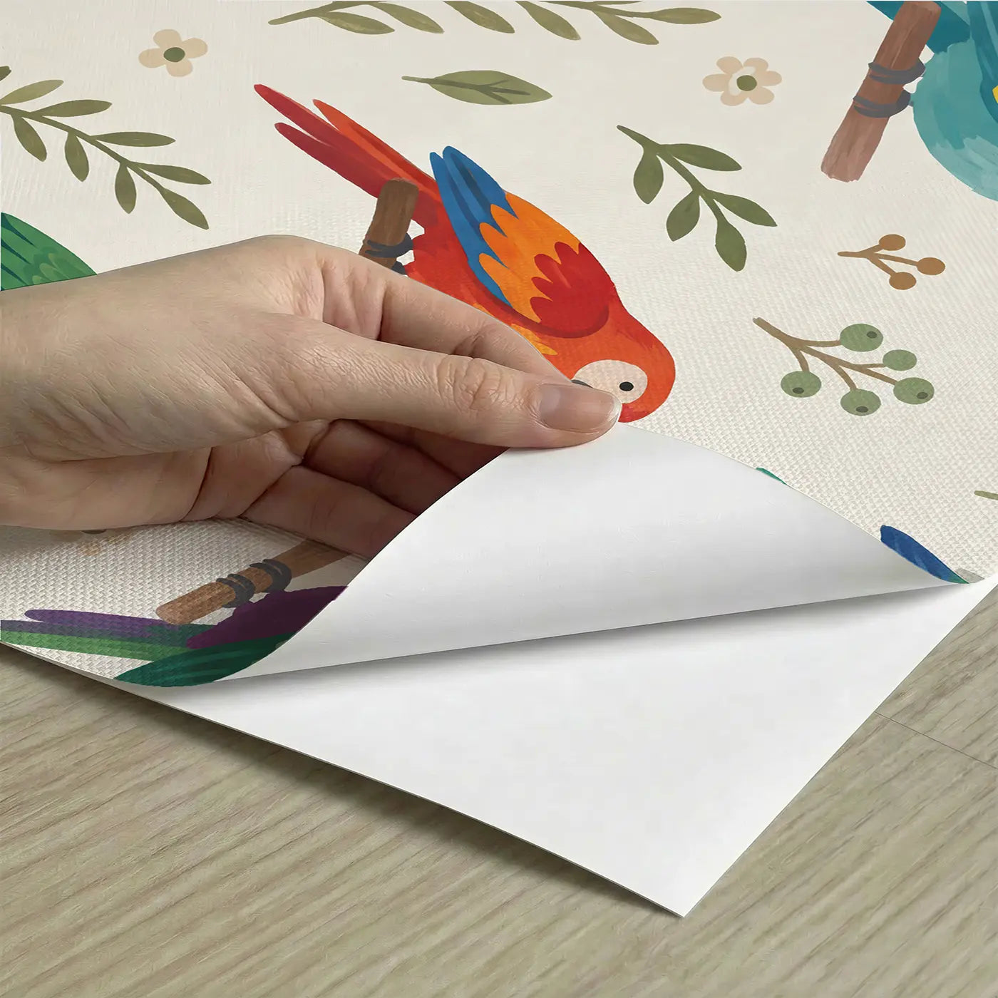 Parrots Varied Modern Illustration peel and stick material close-up - Whimsy Tots