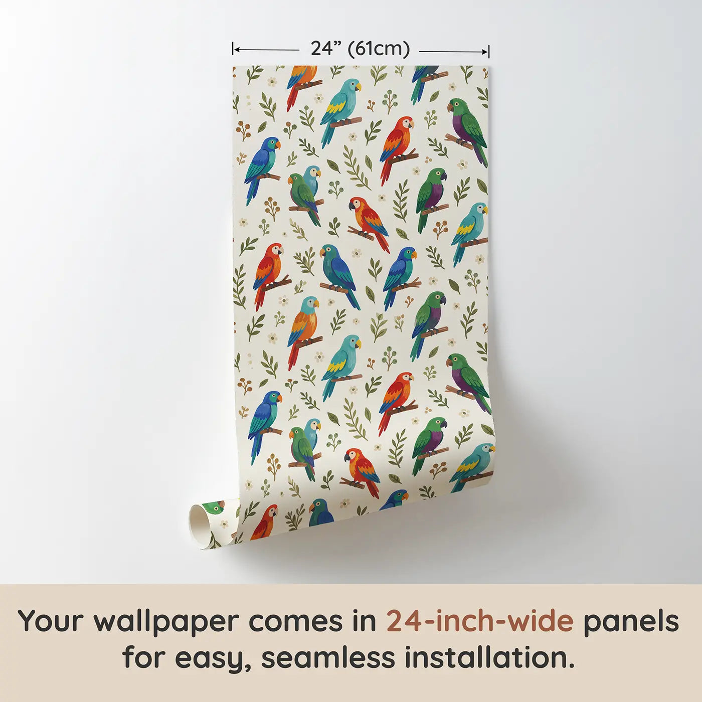 Parrots Varied Modern Illustration wallpaper panel dimensions - Whimsy Tots