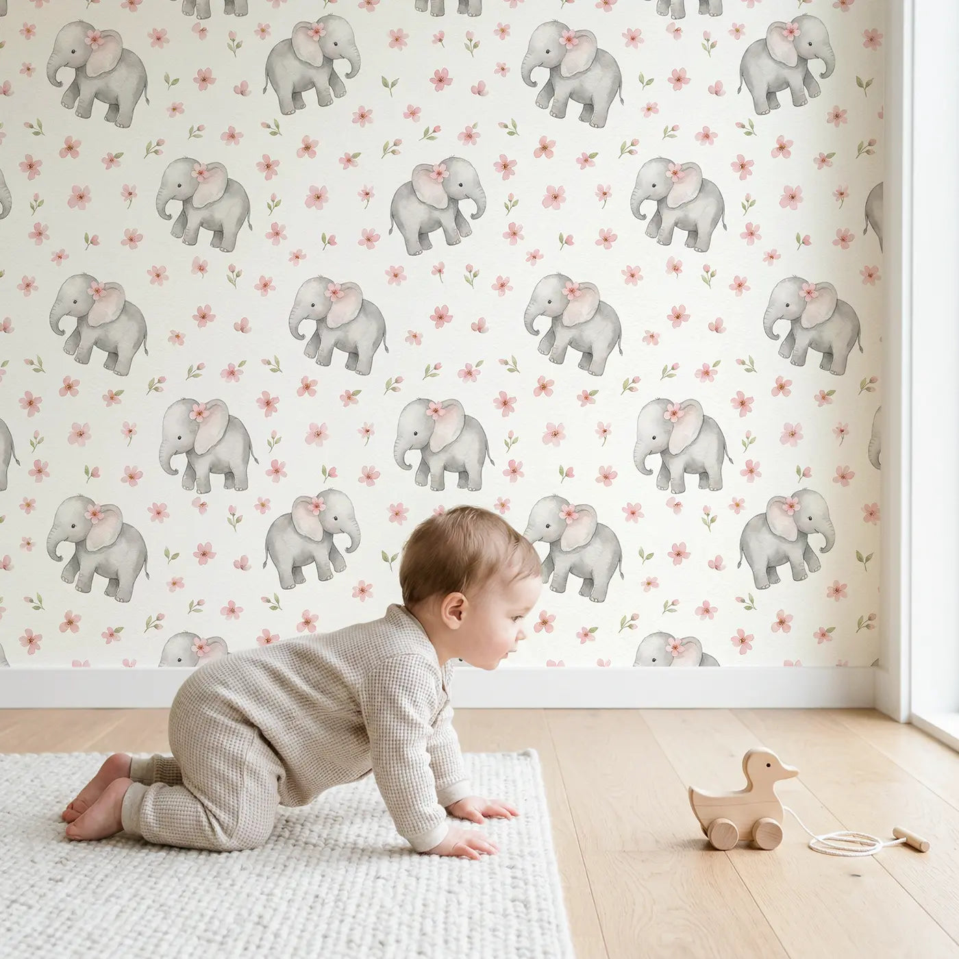 Baby Elephants Grey Watercolor wallpaper in styled kids room - Whimsy Tots