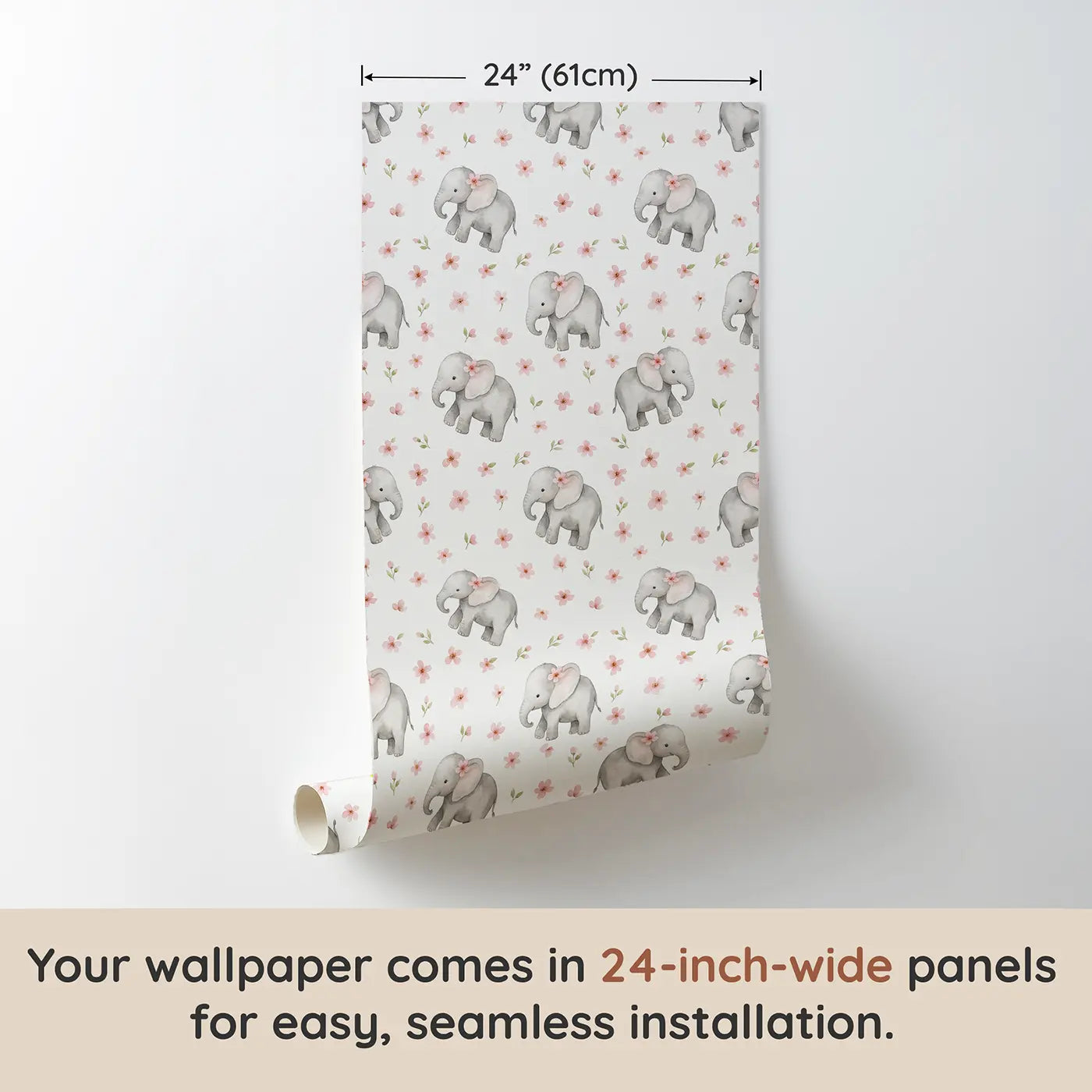 Baby Elephants Grey Watercolor wallpaper panel dimensions - Whimsy Tots