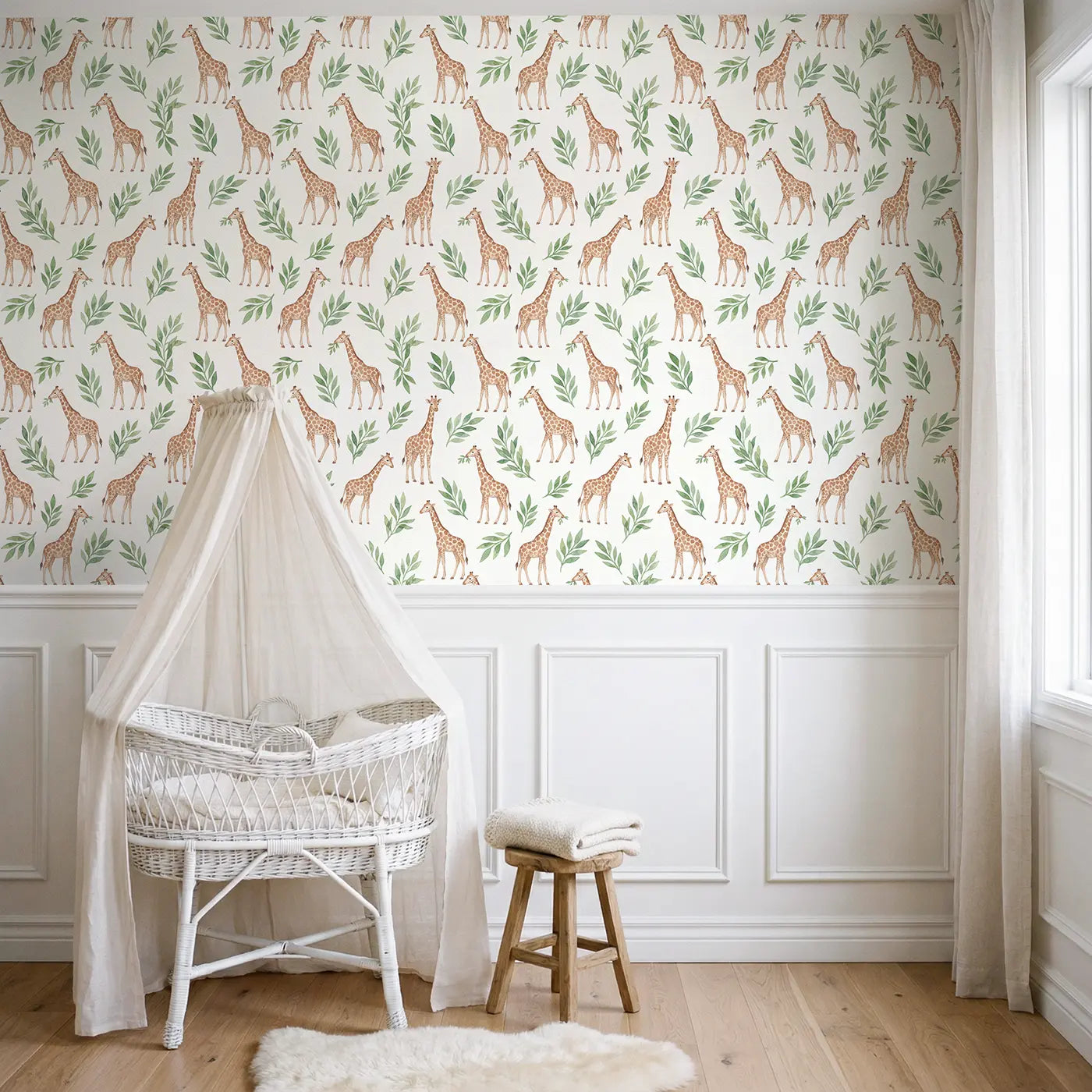 Giraffes Soft Watercolor wallpaper above wainscoting - Whimsy Tots