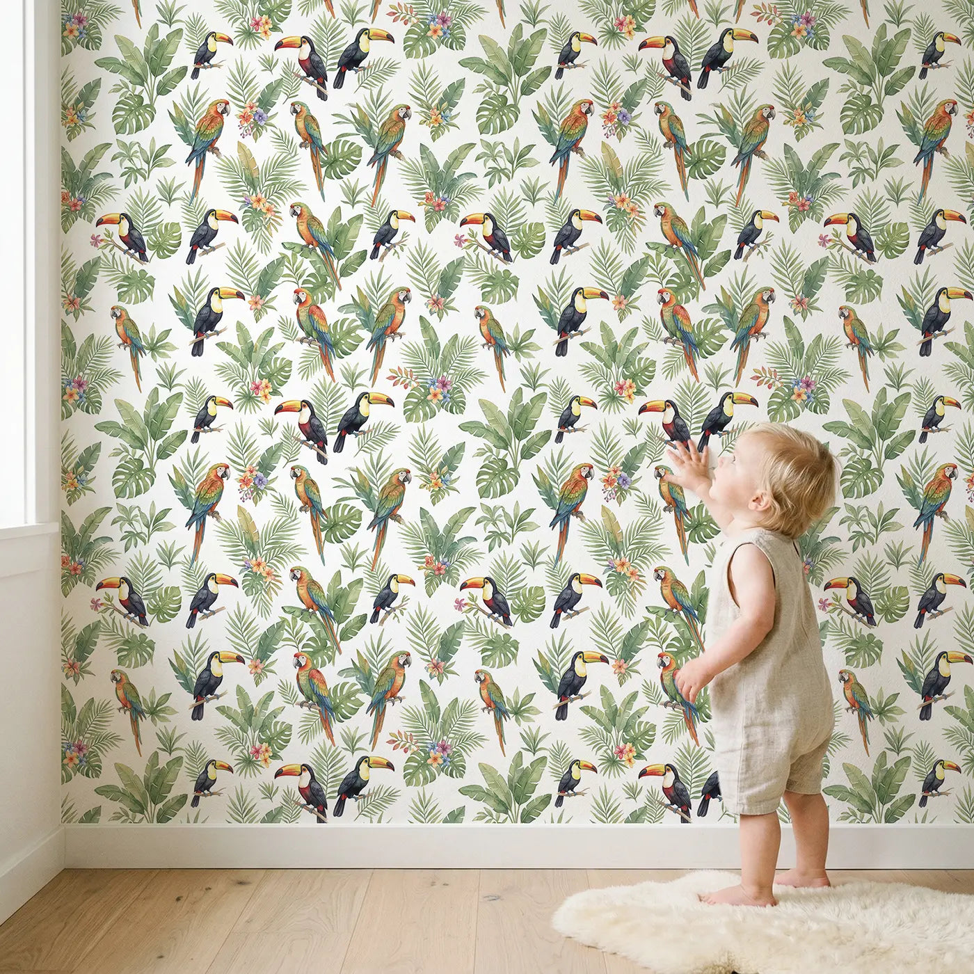 Parrots Watercolor wallpaper in styled kids room - Whimsy Tots