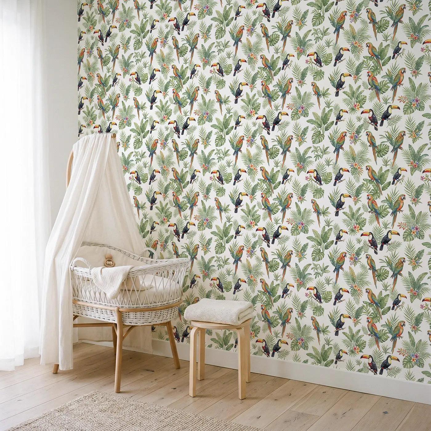 Parrots Watercolor wallpaper in Scandinavian nursery - Whimsy Tots