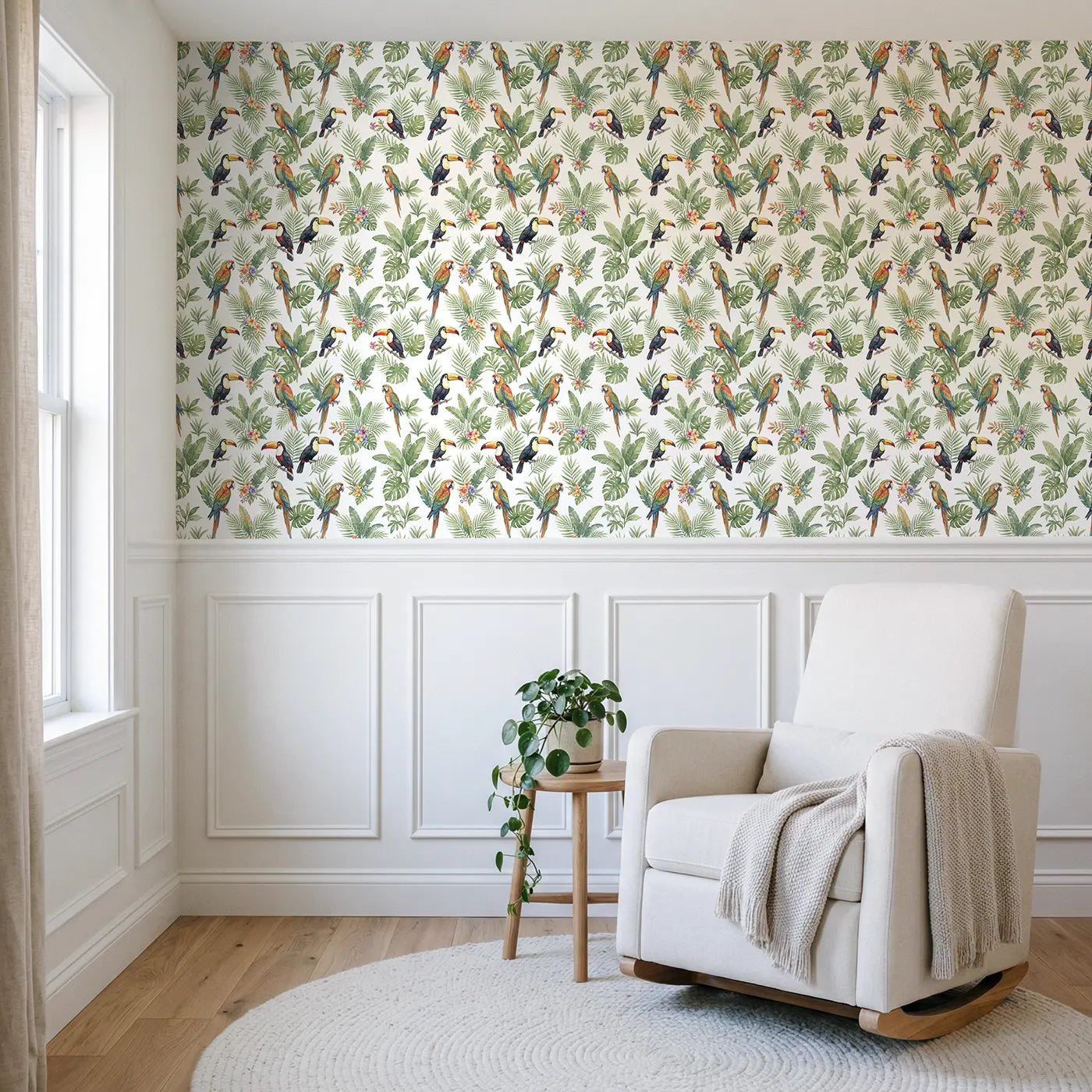 Parrots Watercolor wallpaper above wainscoting - Whimsy Tots