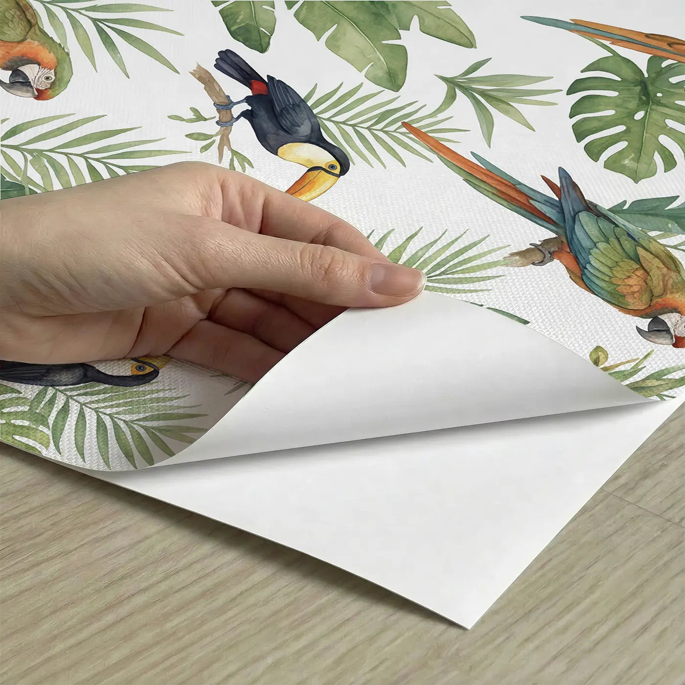 Parrots Watercolor peel and stick material close-up - Whimsy Tots