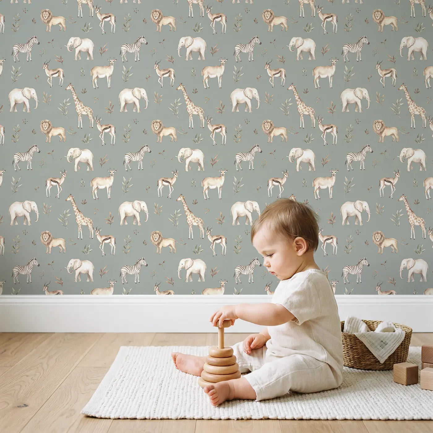 Safari Animals Dusty Watercolor wallpaper in styled kids room - Whimsy Tots
