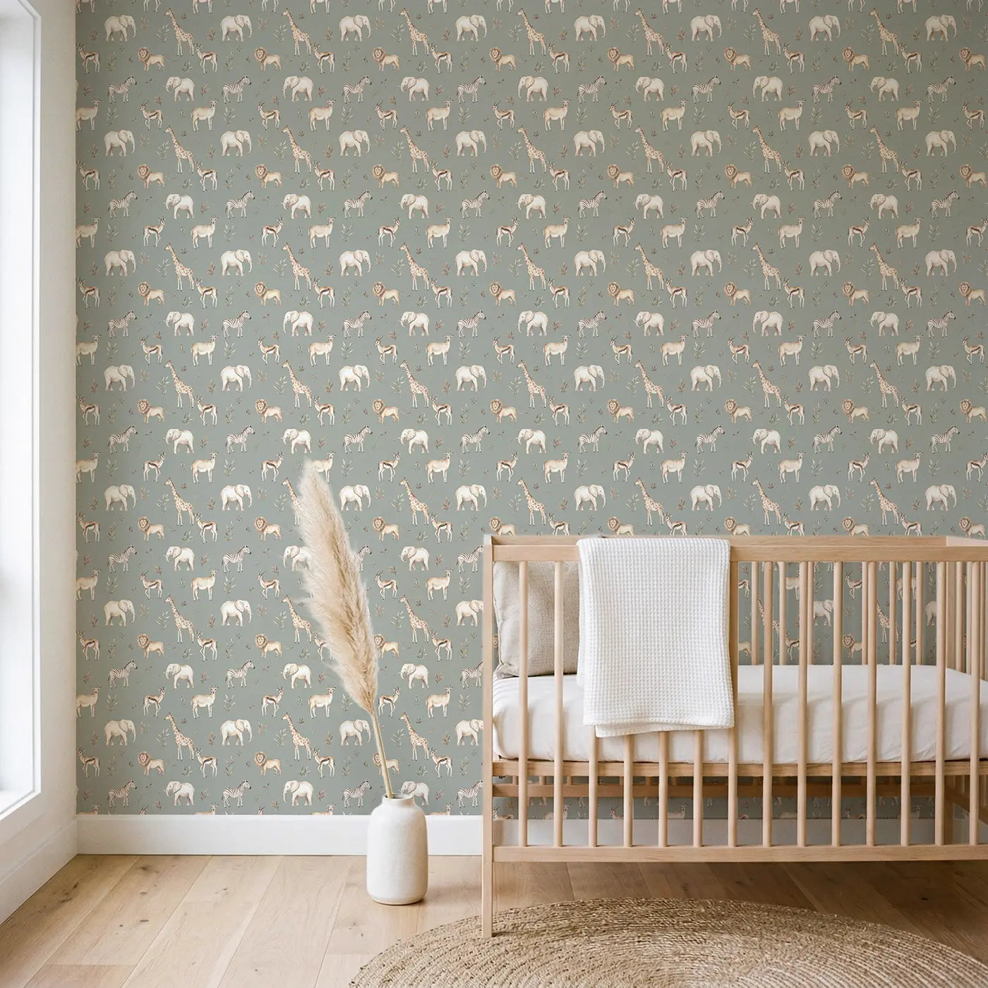 Safari Animals Dusty Watercolor wallpaper in Scandinavian nursery - Whimsy Tots