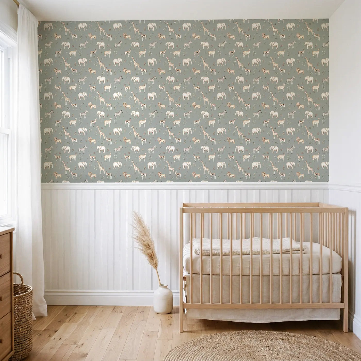 Safari Animals Dusty Watercolor wallpaper above wainscoting - Whimsy Tots
