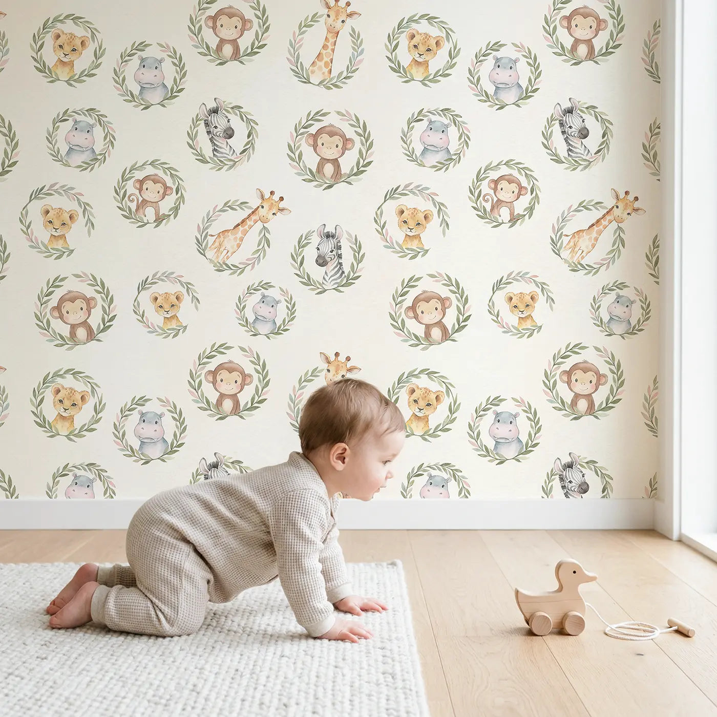 Safari Animals Wreaths Watercolor wallpaper in styled kids room - Whimsy Tots