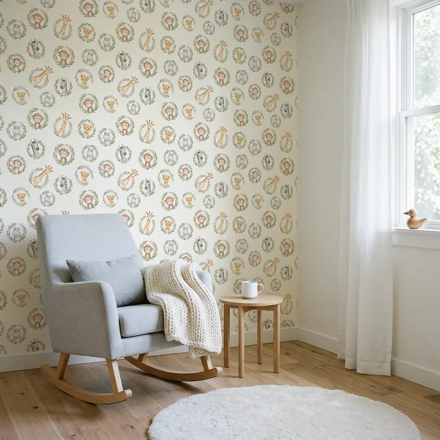 Safari Animals Wreaths Watercolor wallpaper in Scandinavian nursery - Whimsy Tots