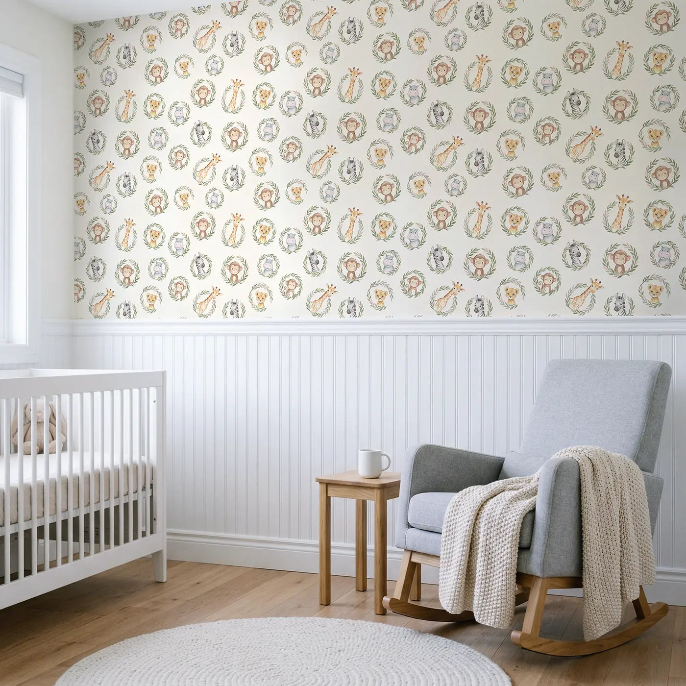 Safari Animals Wreaths Watercolor wallpaper above wainscoting - Whimsy Tots