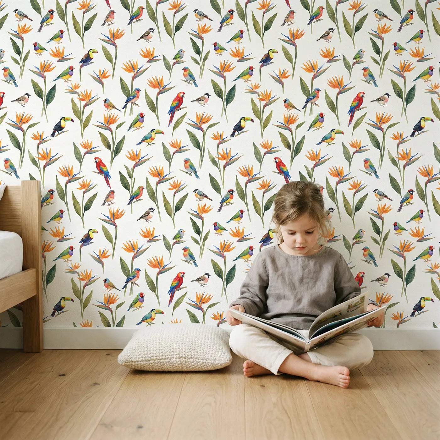 Tropical Bird-Of-Paradise Watercolor wallpaper in styled kids room - Whimsy Tots