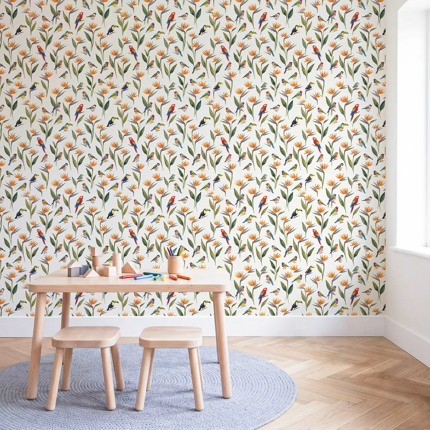 Tropical Bird-Of-Paradise Watercolor wallpaper in Scandinavian nursery - Whimsy Tots